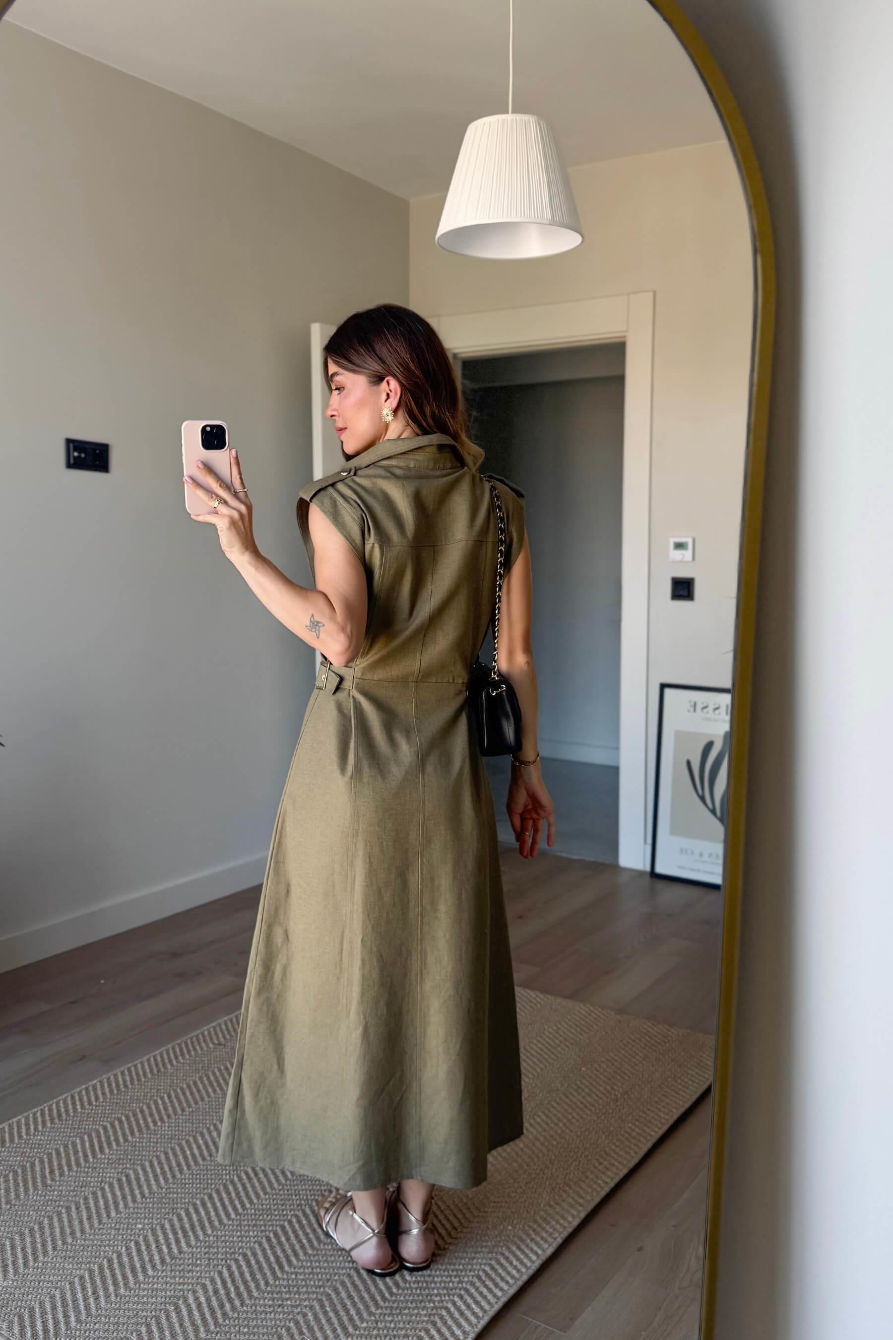 Haki Kemer Detaylı Keten Gömlek Elbise