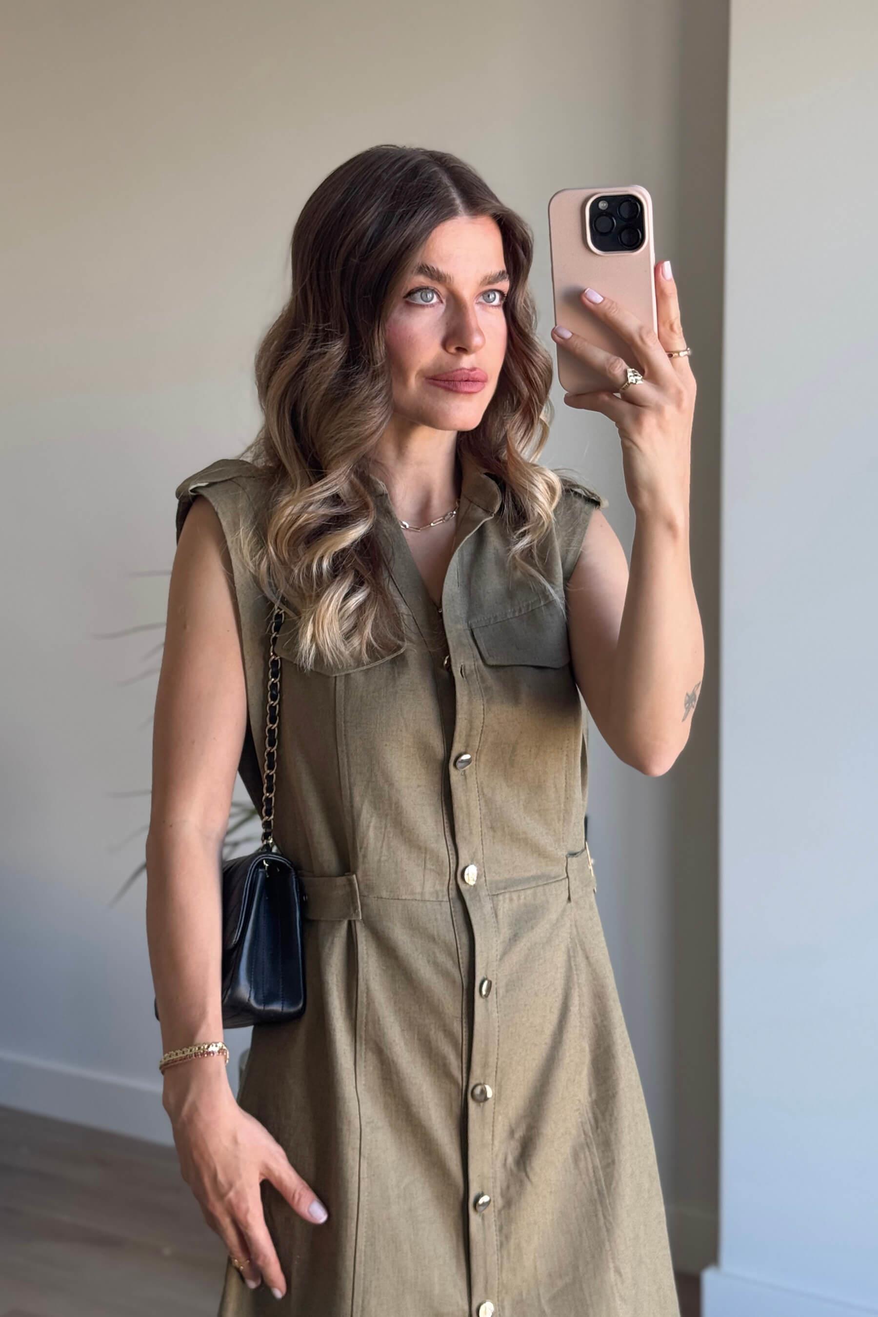 Haki Kemer Detaylı Keten Gömlek Elbise