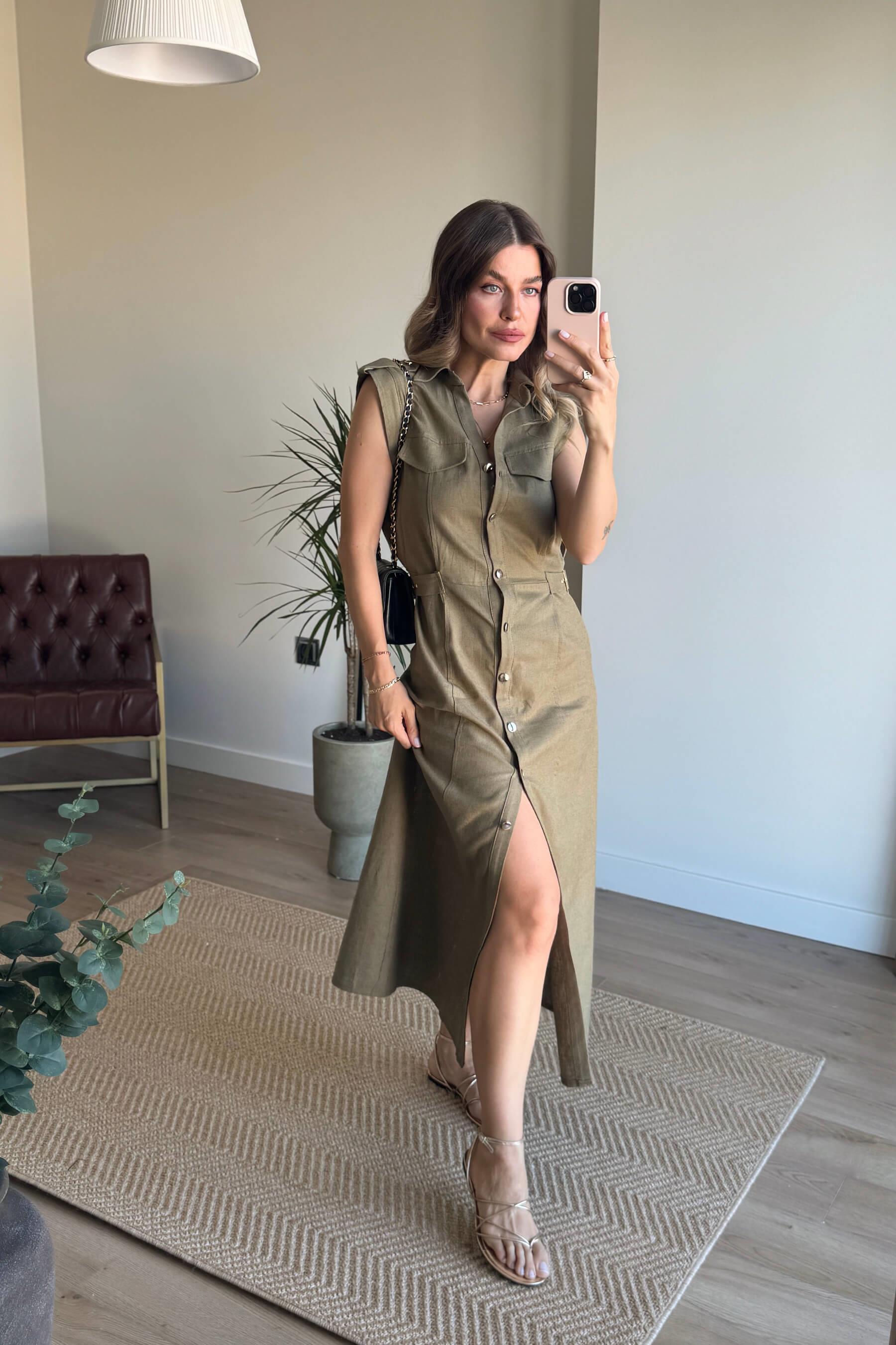 Haki Kemer Detaylı Keten Gömlek Elbise