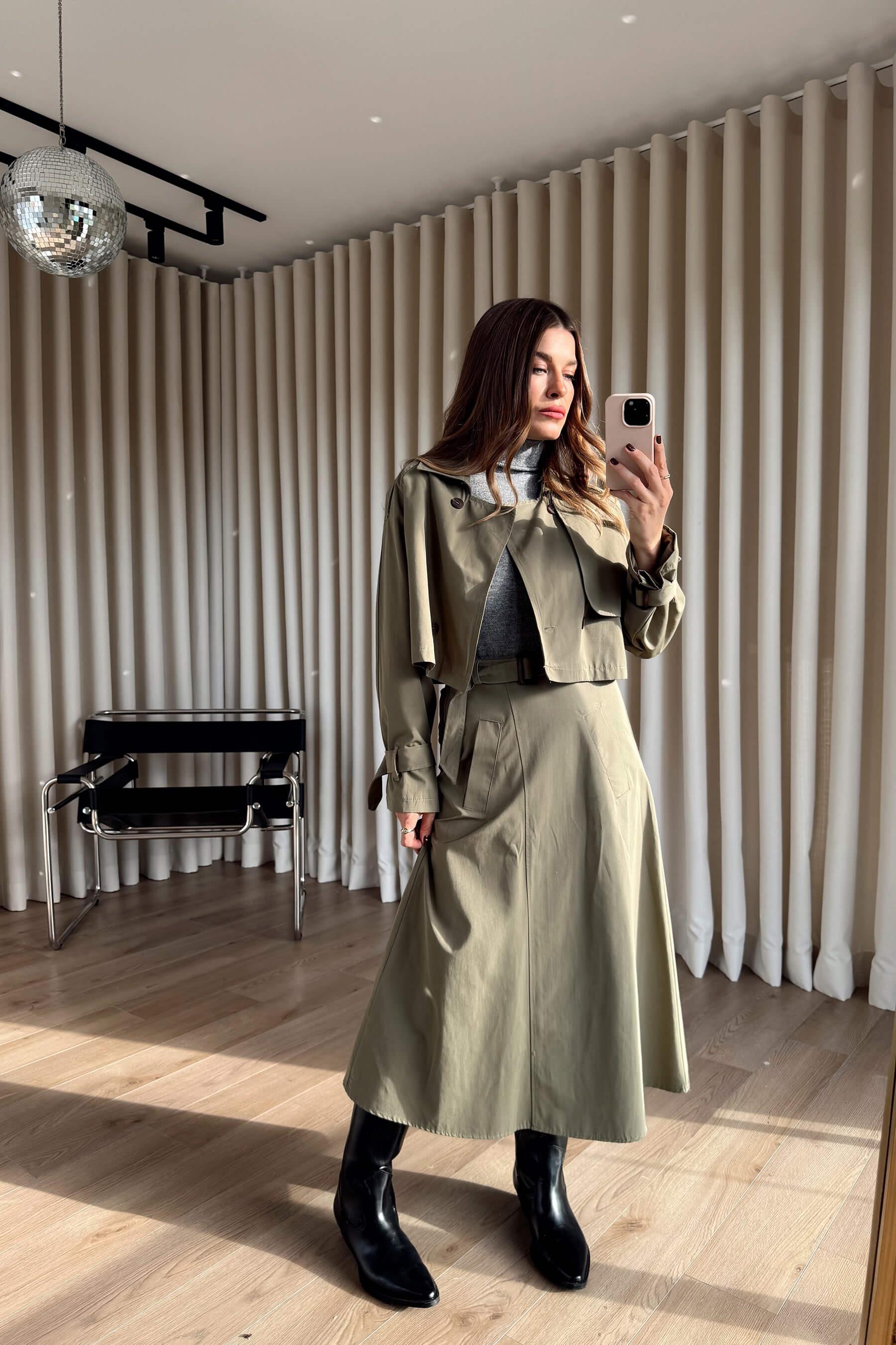 Haki Kemerli Etek Trençkot Takım