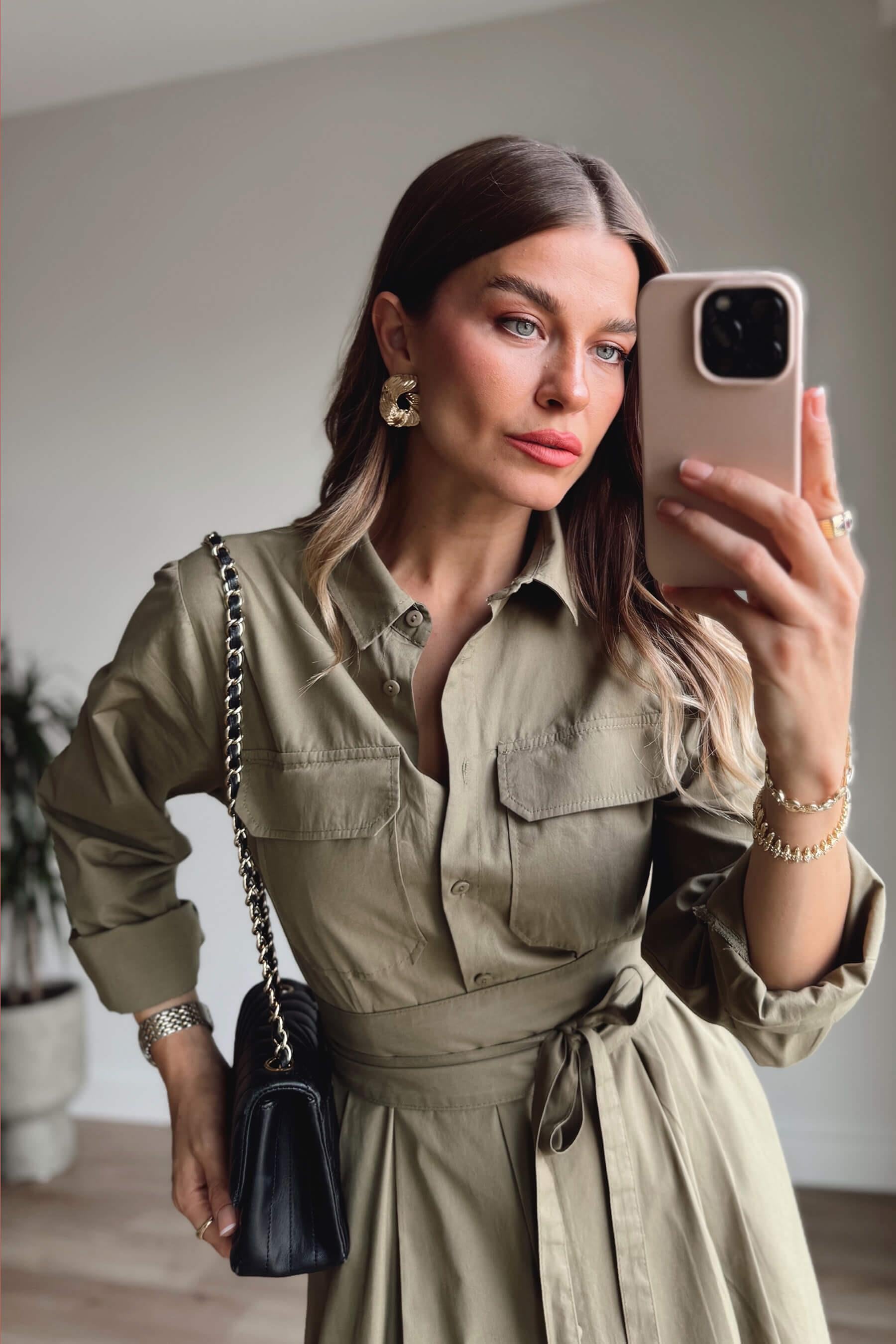 Haki Korseli Cep Detaylı Maxi Gömlek Elbise