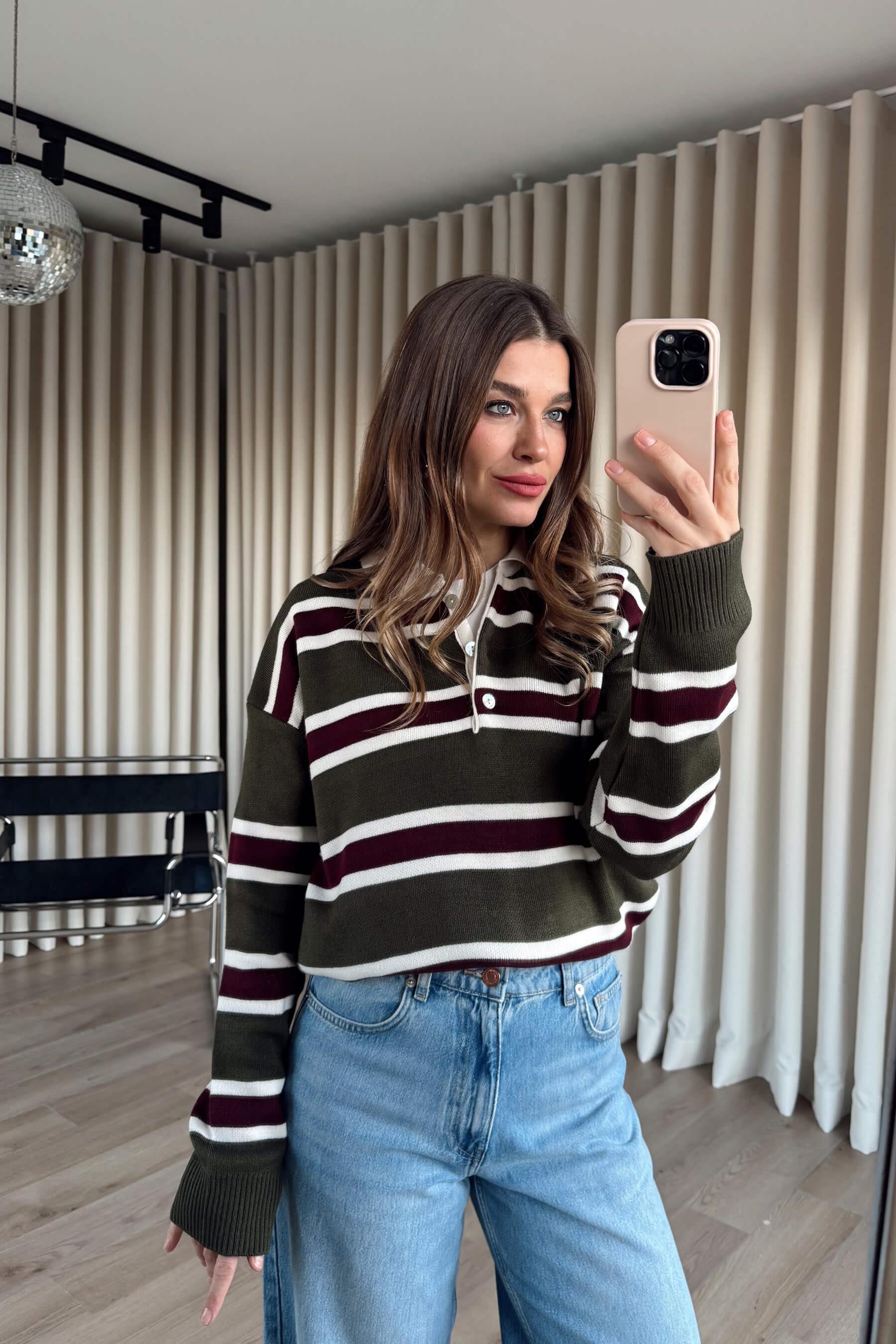 Haki Mürdüm Çizgili Polo Yaka Kazak