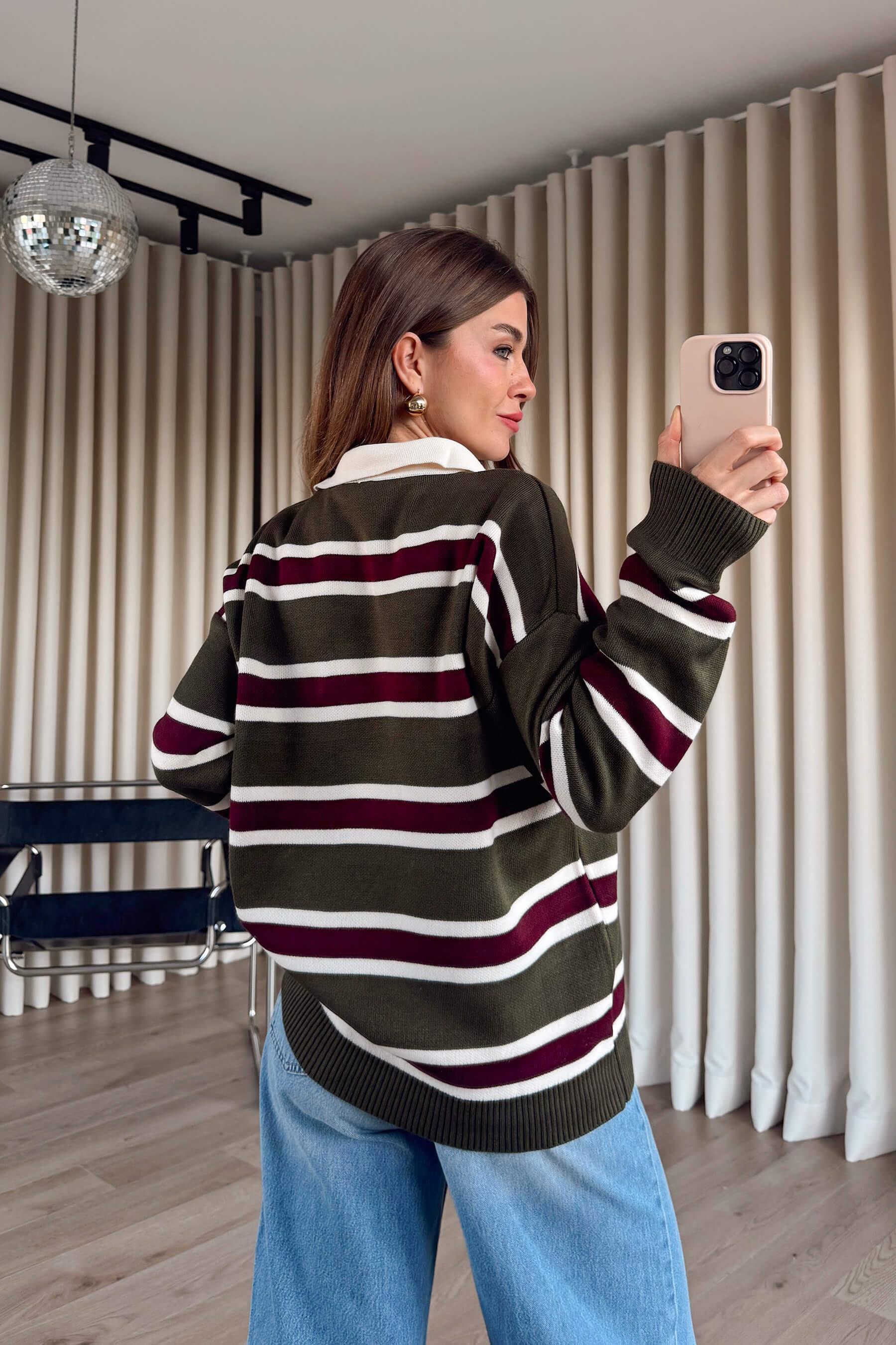 Haki Mürdüm Çizgili Polo Yaka Kazak