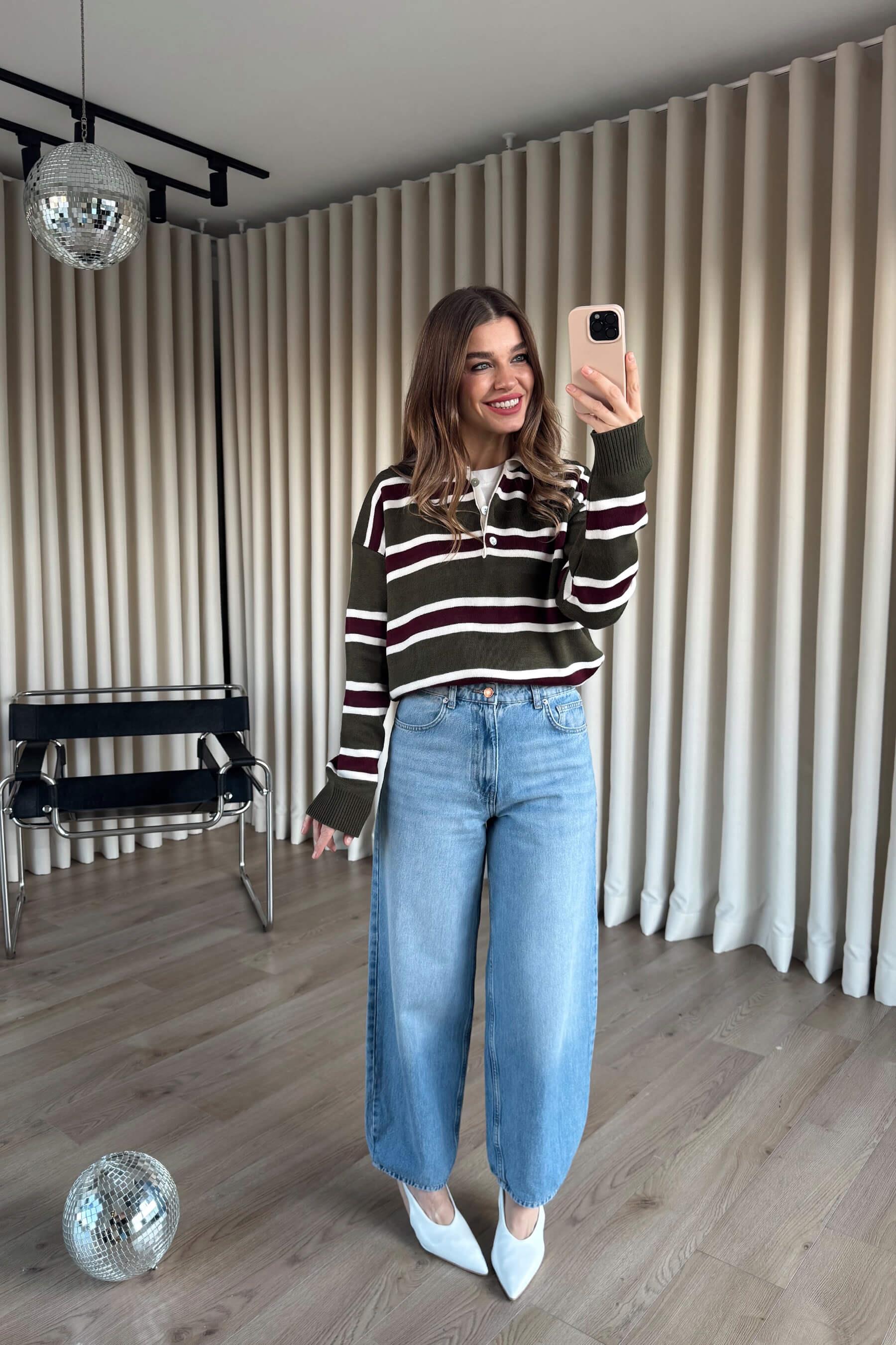 Haki Mürdüm Çizgili Polo Yaka Kazak