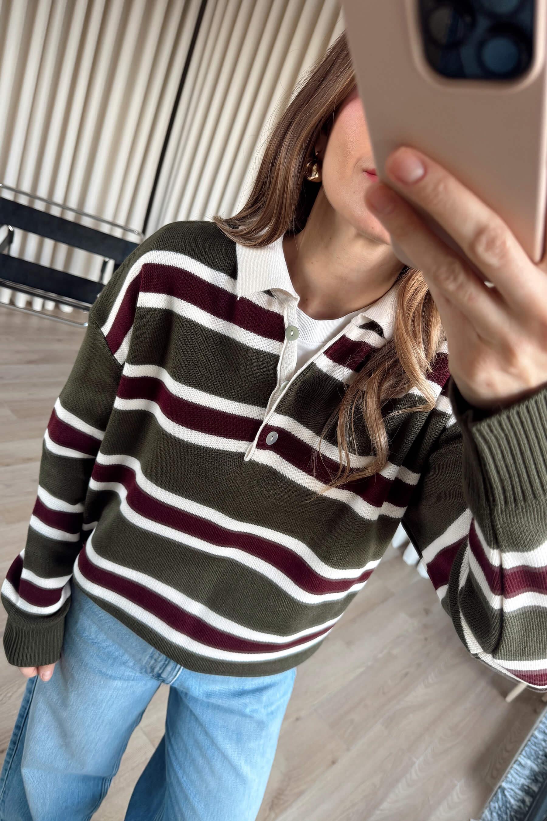 Haki Mürdüm Çizgili Polo Yaka Kazak