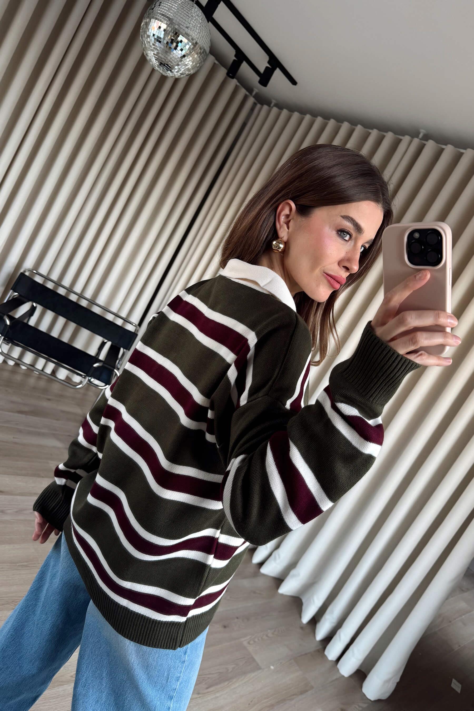 Haki Mürdüm Çizgili Polo Yaka Kazak