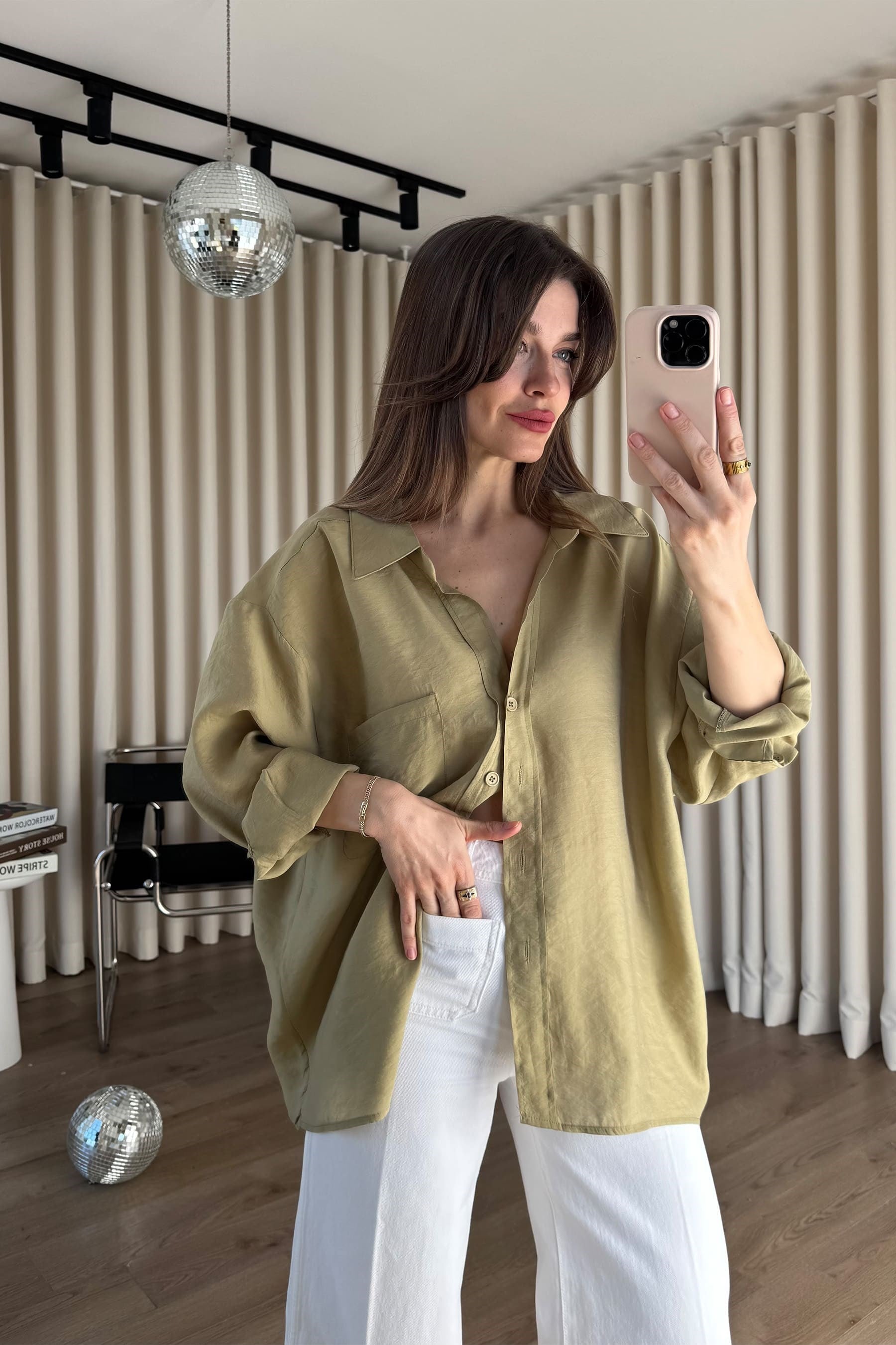 Haki Oversize Modal Kumaş Gömlek