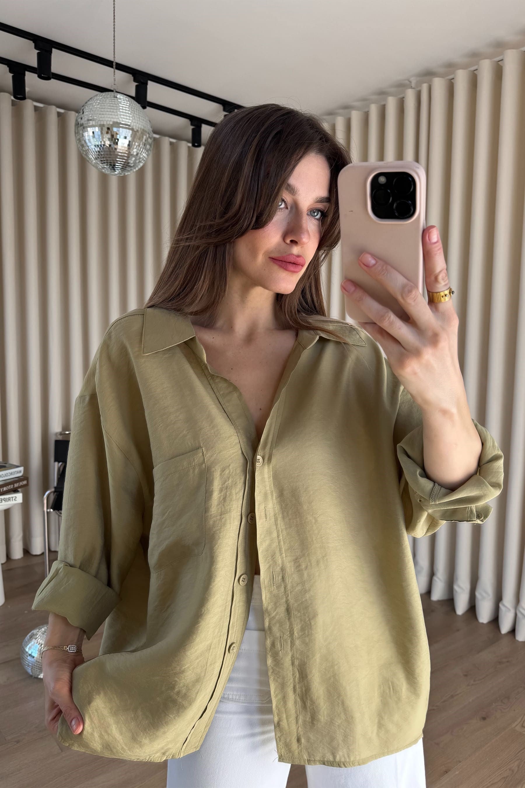 Haki Oversize Modal Kumaş Gömlek