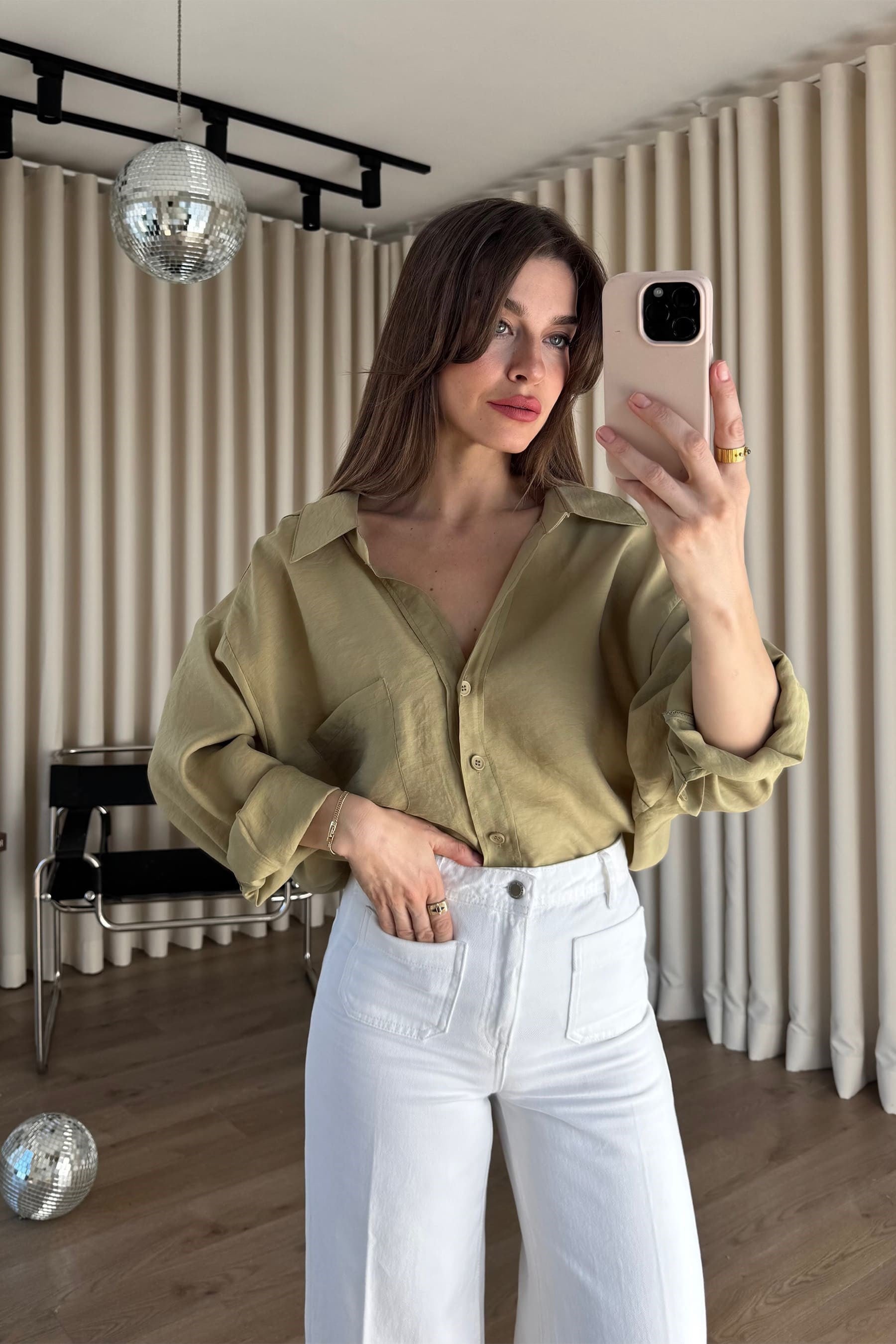 Haki Oversize Modal Kumaş Gömlek