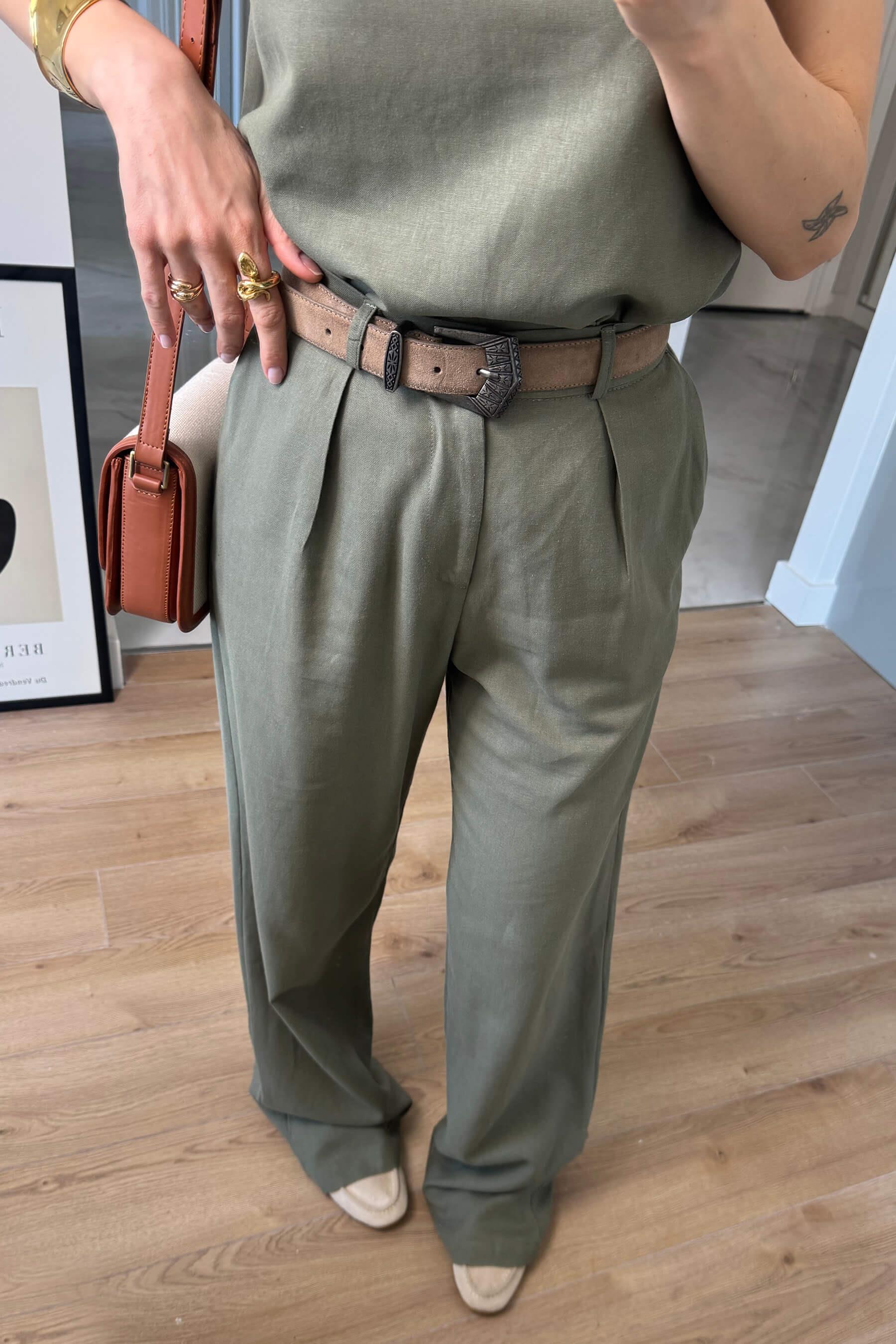 Haki Vatkalı Kolsuz Keten Bluz Pantolon Takım