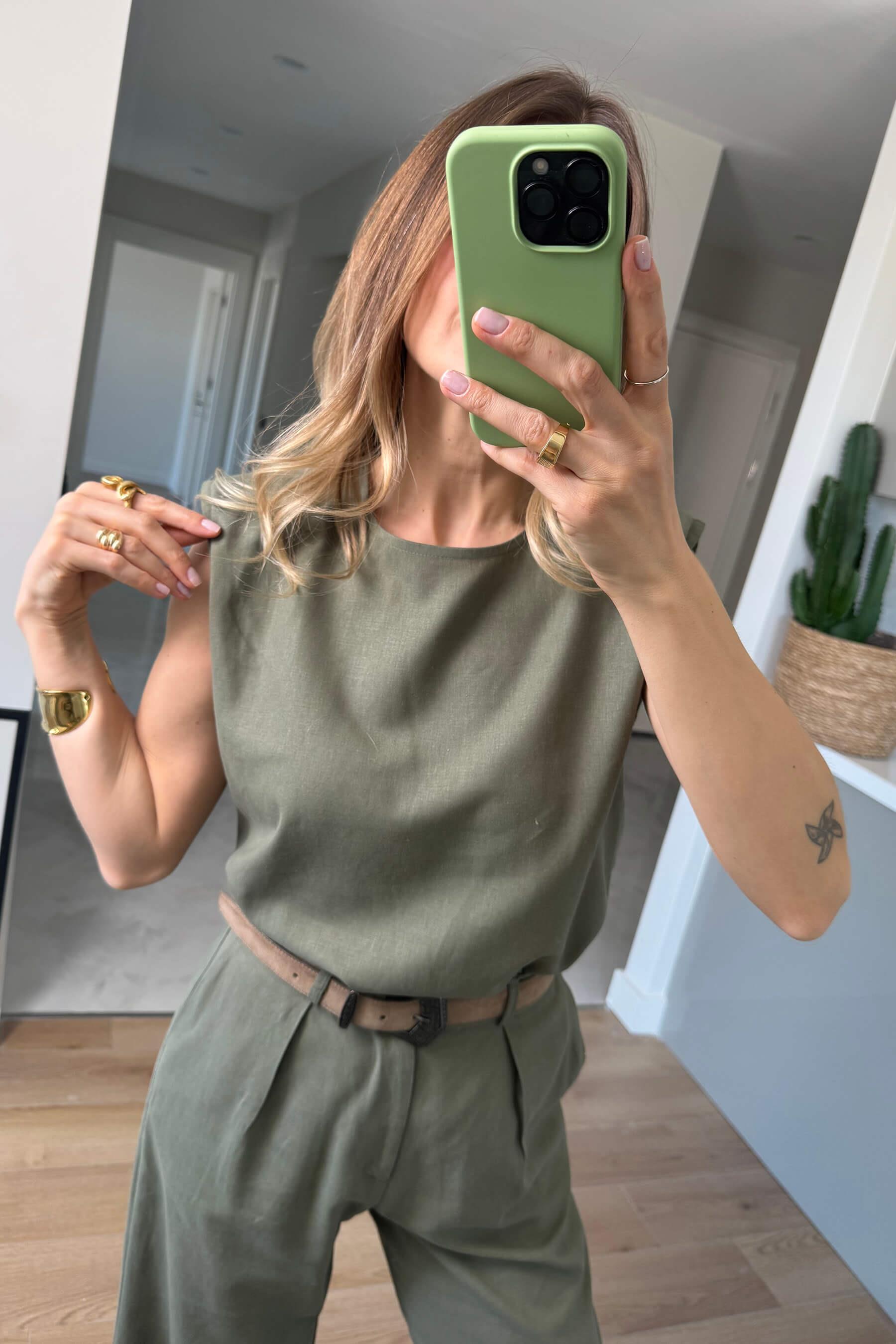 Haki Vatkalı Kolsuz Keten Bluz Pantolon Takım