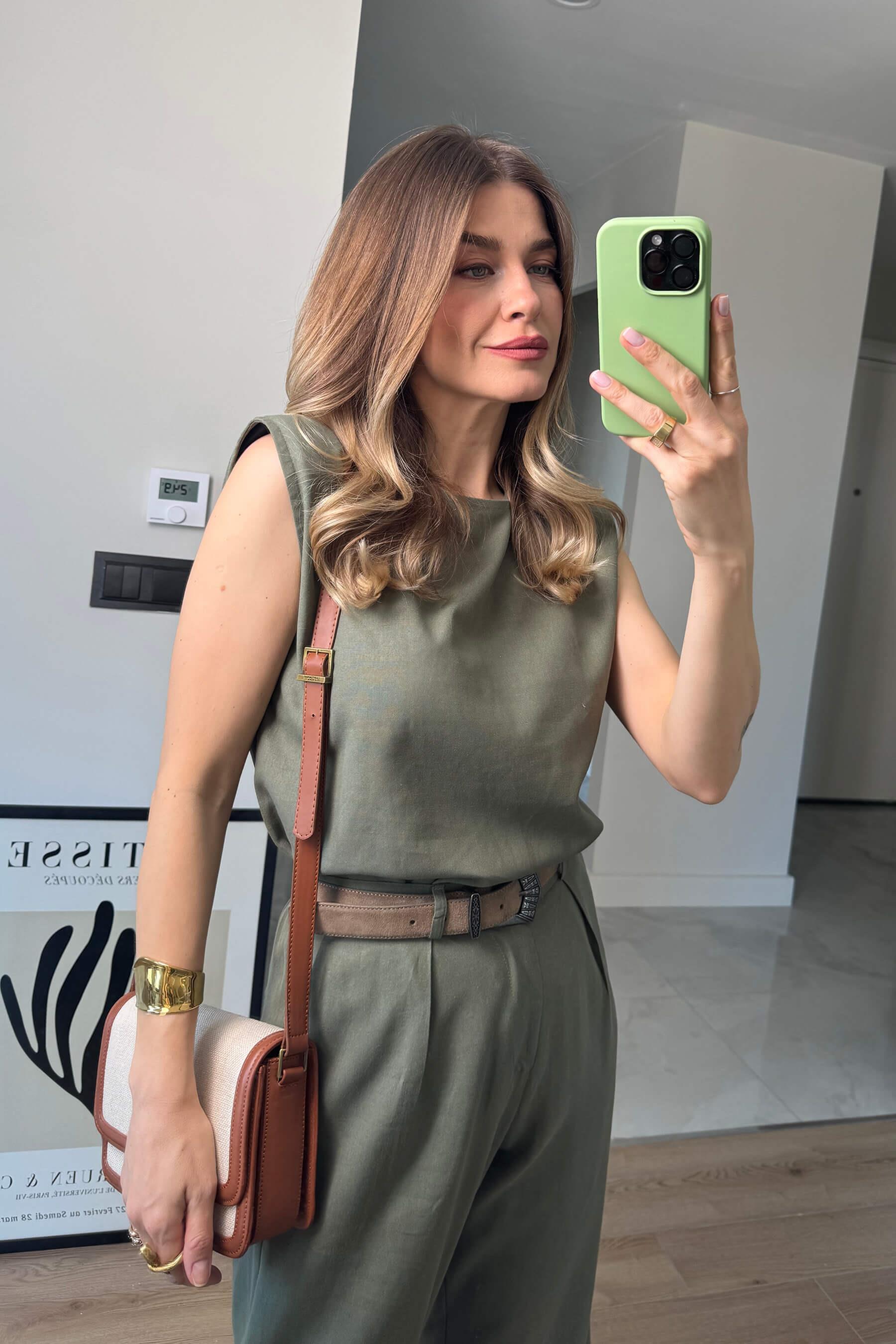 Haki Vatkalı Kolsuz Keten Bluz Pantolon Takım