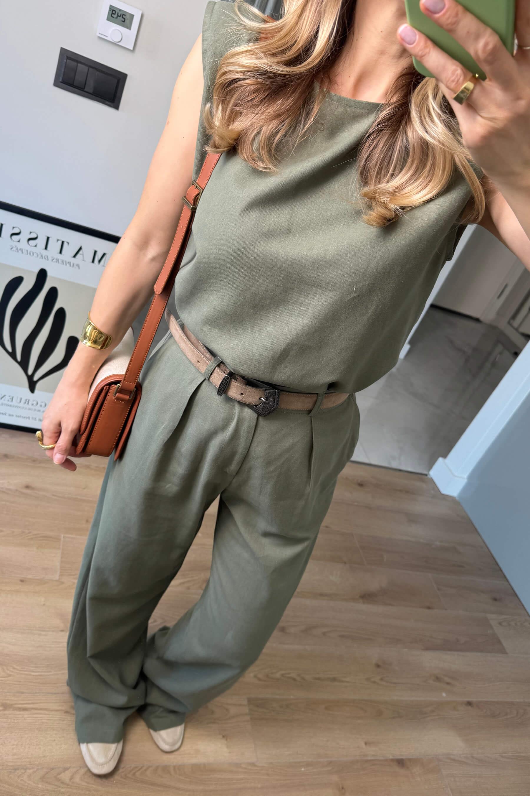 Haki Vatkalı Kolsuz Keten Bluz Pantolon Takım