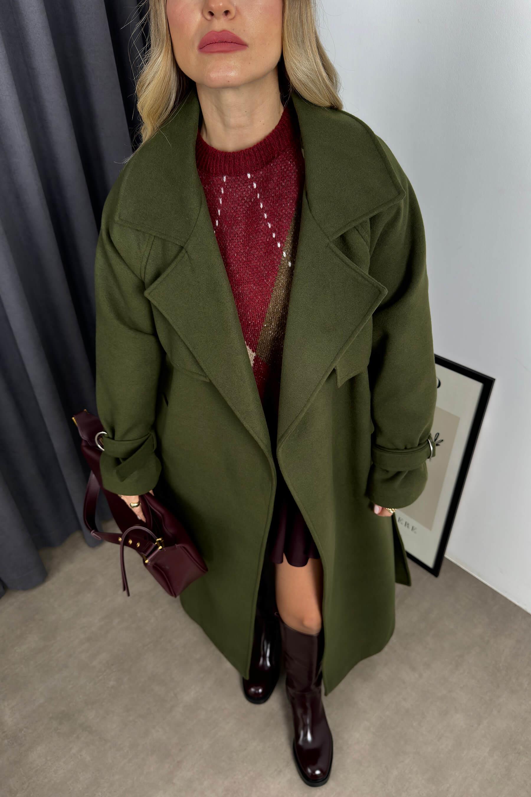 Haki Yeşili Kolları Kemerli Rüzgarlıklı Astarlı Oversize Yün Kaban