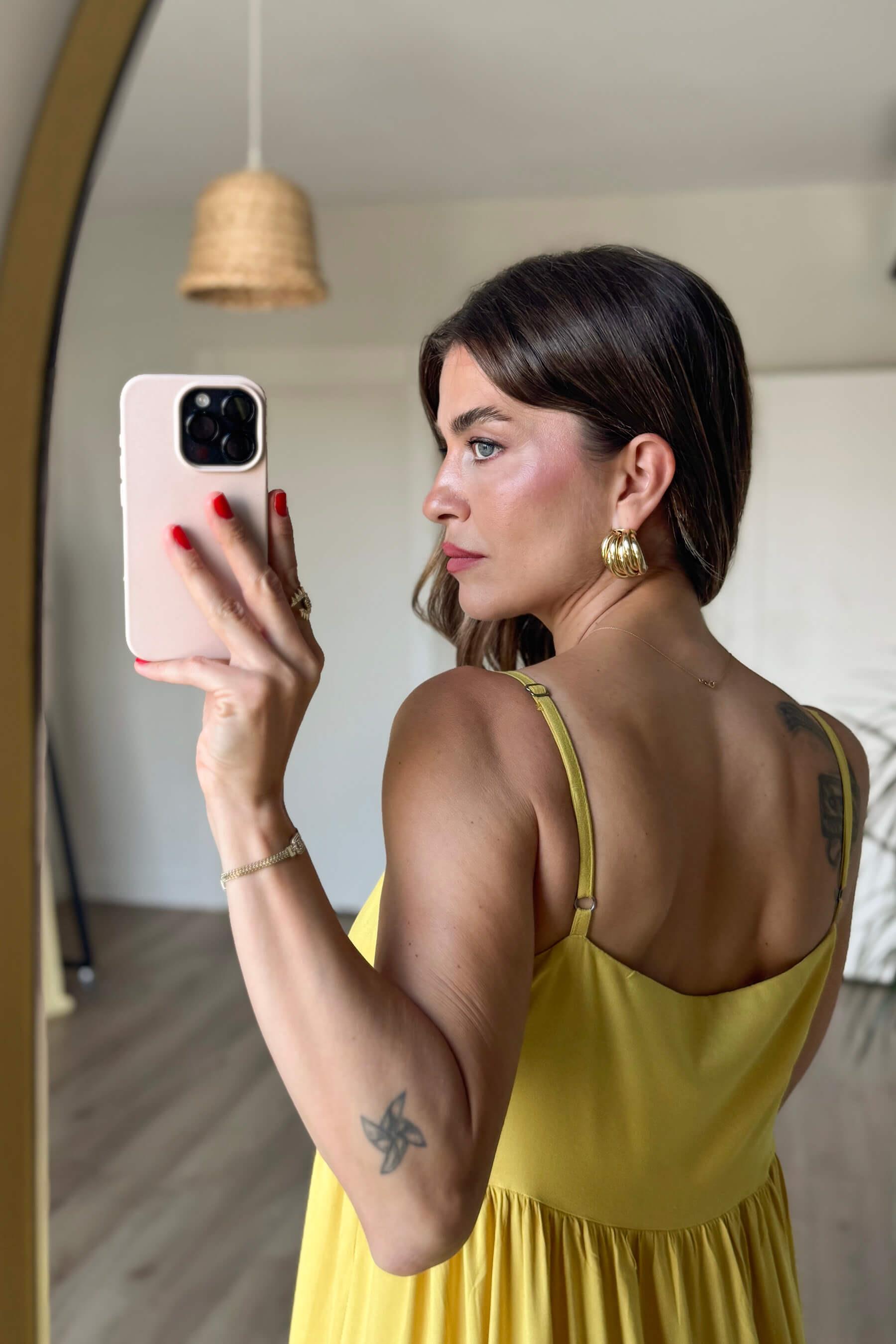 Hardal Askılı Kare Yaka Parçalı Maxi Elbise