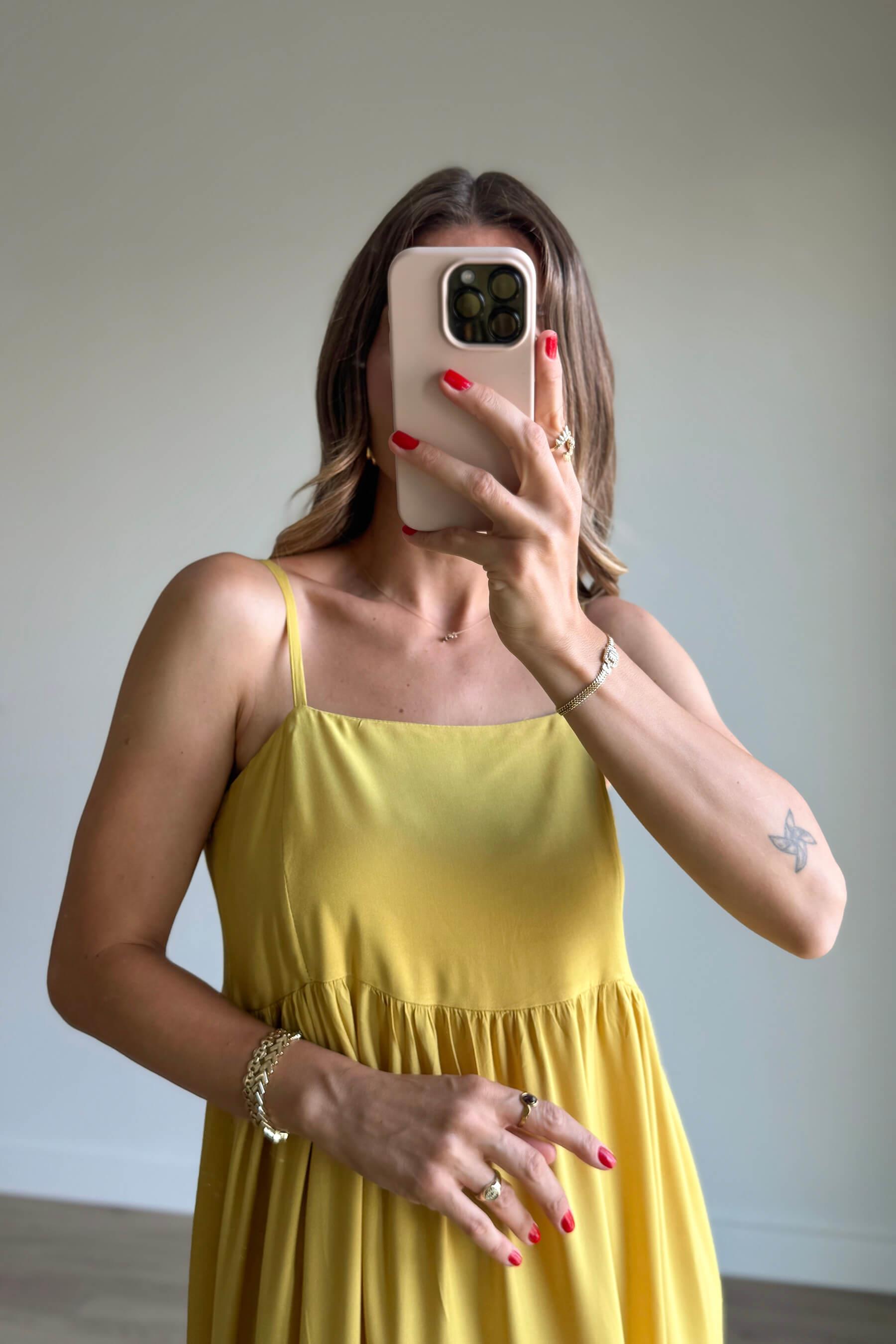 Hardal Askılı Kare Yaka Parçalı Maxi Elbise