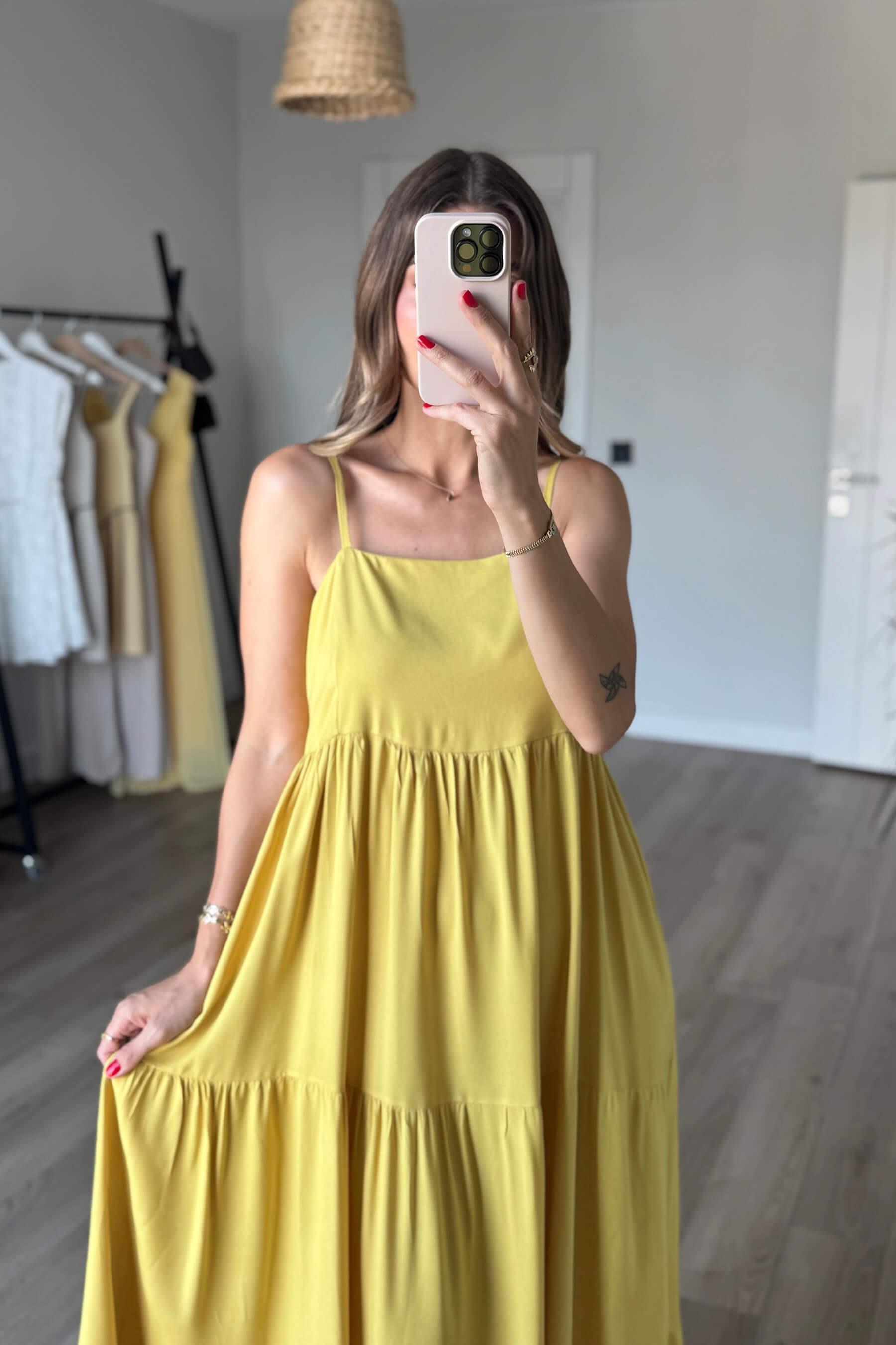 Hardal Askılı Kare Yaka Parçalı Maxi Elbise