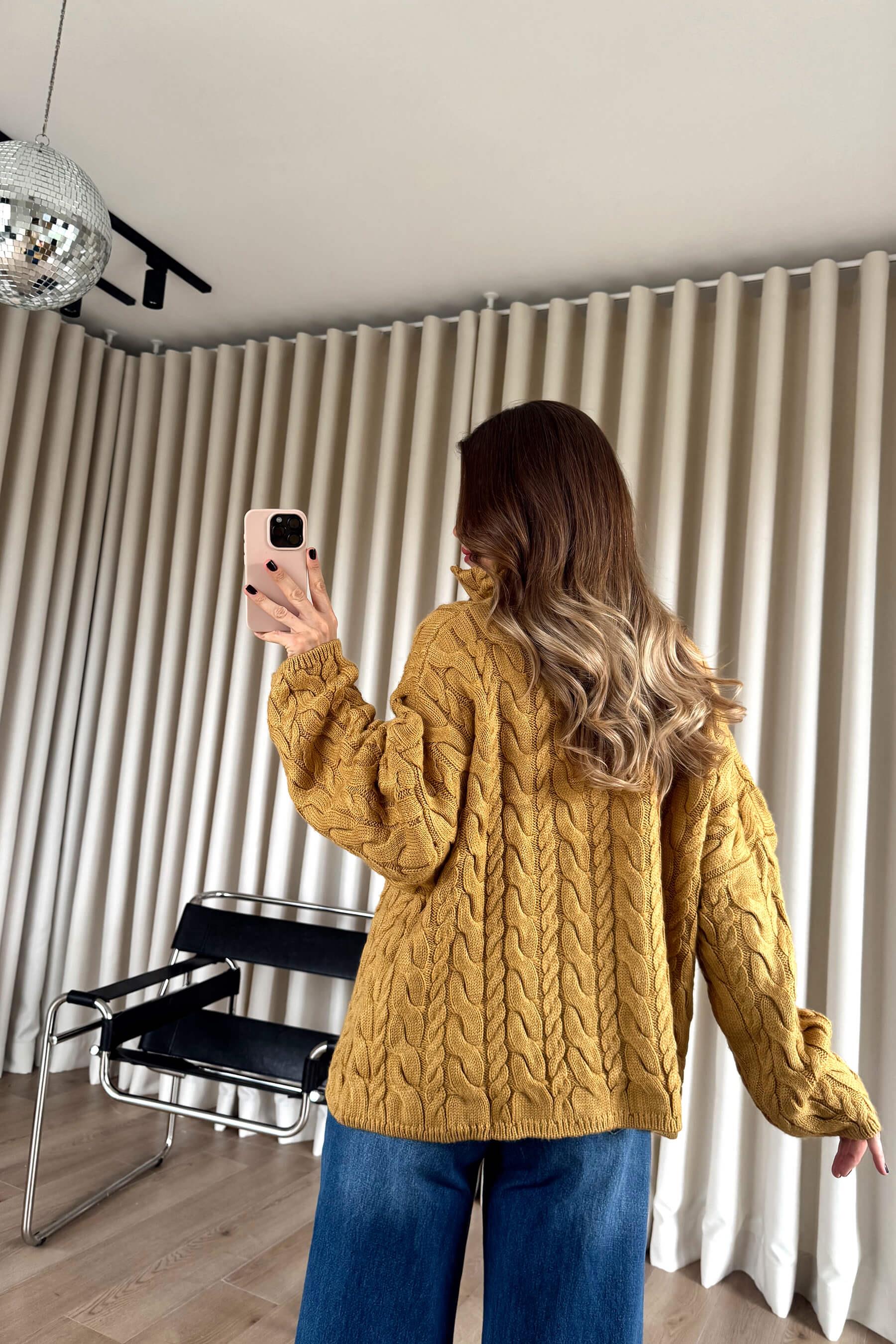 Hardal Fermuarlı Saç Örgü Kazak