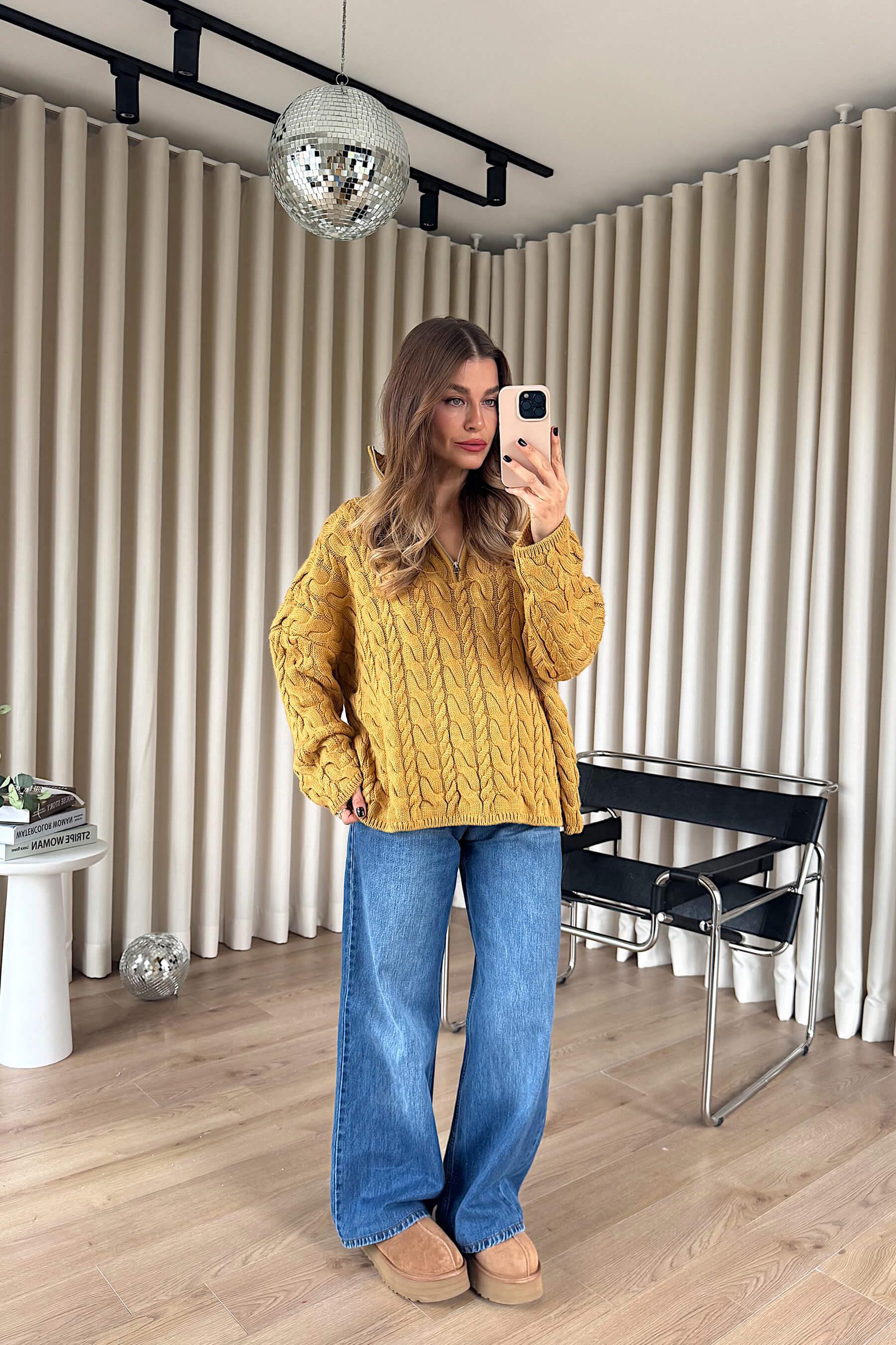 Hardal Fermuarlı Saç Örgü Kazak