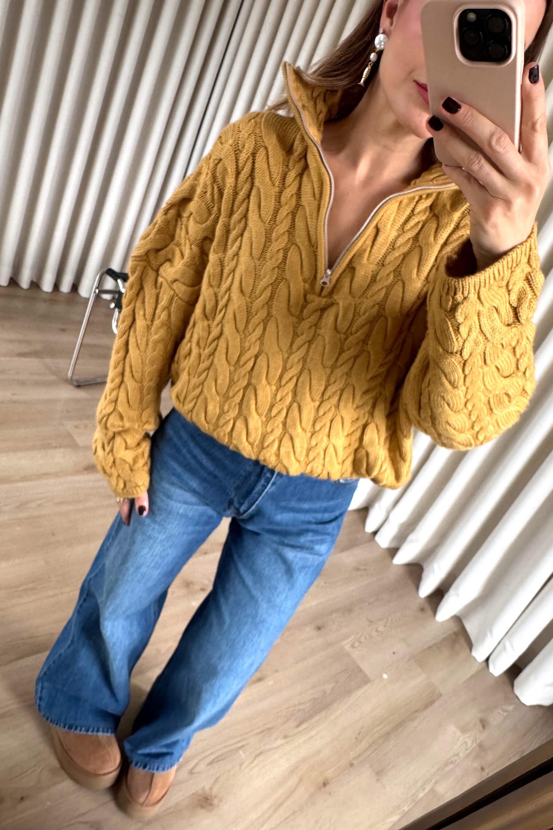 Hardal Fermuarlı Saç Örgü Kazak