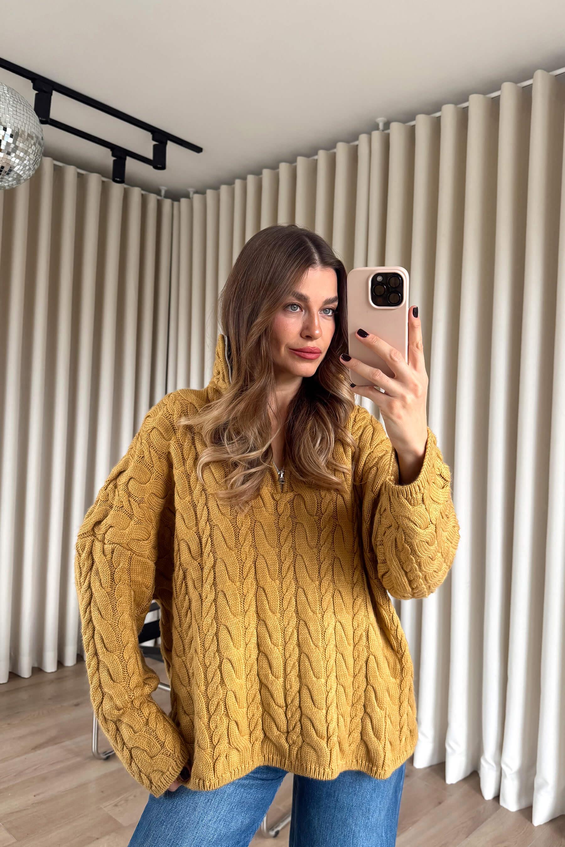 Hardal Fermuarlı Saç Örgü Kazak