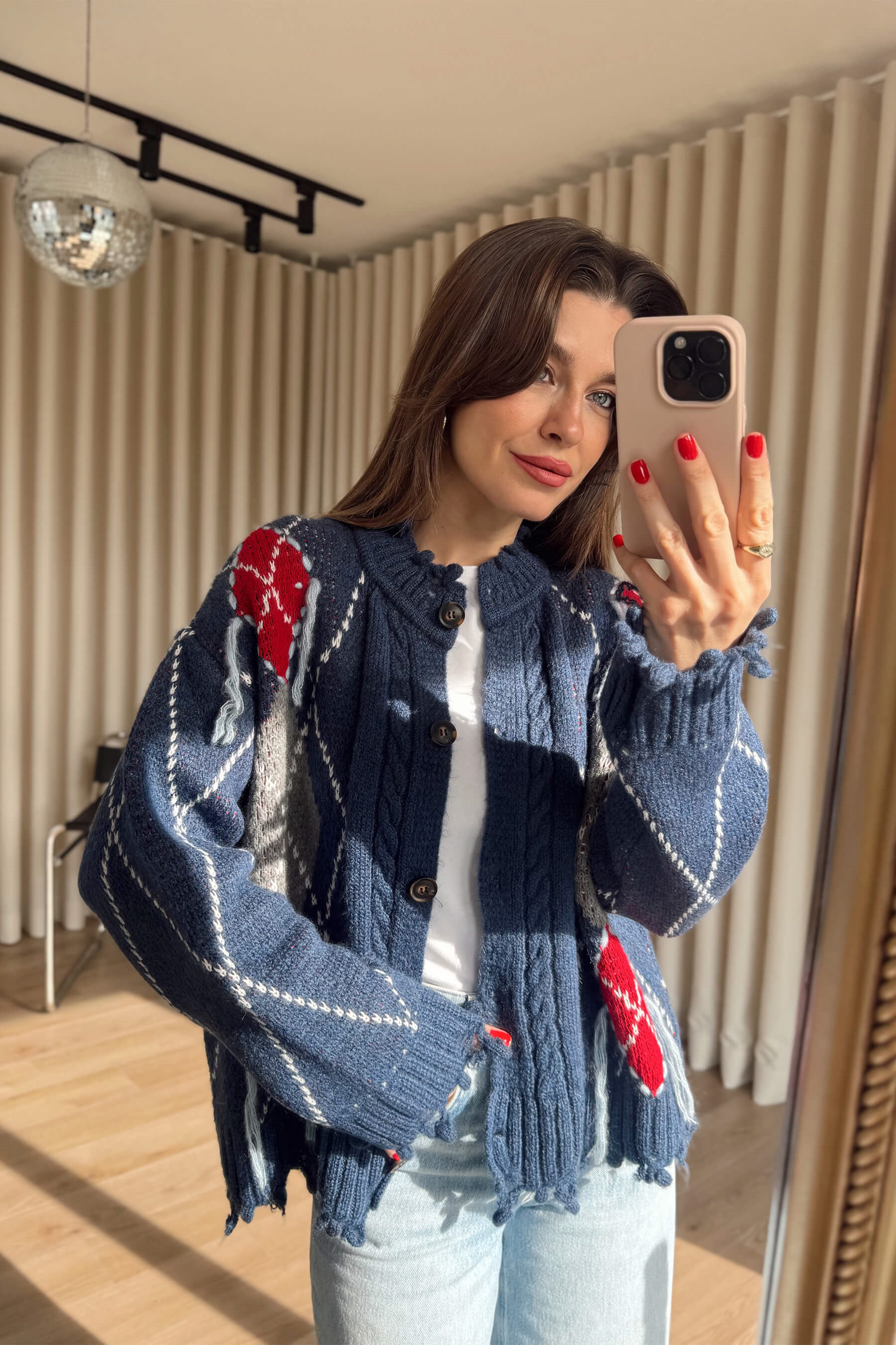 İndigo Kırmızı Saçaklı Hırka