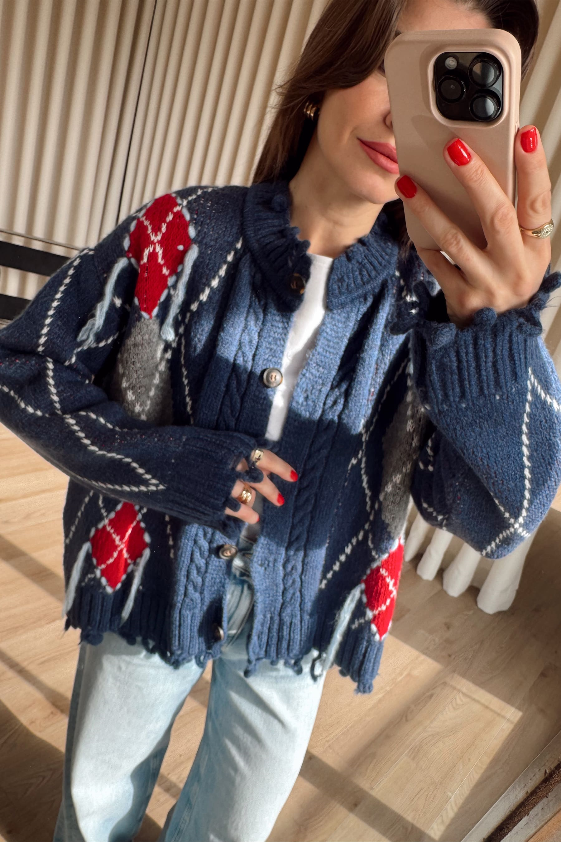 İndigo Kırmızı Saçaklı Hırka