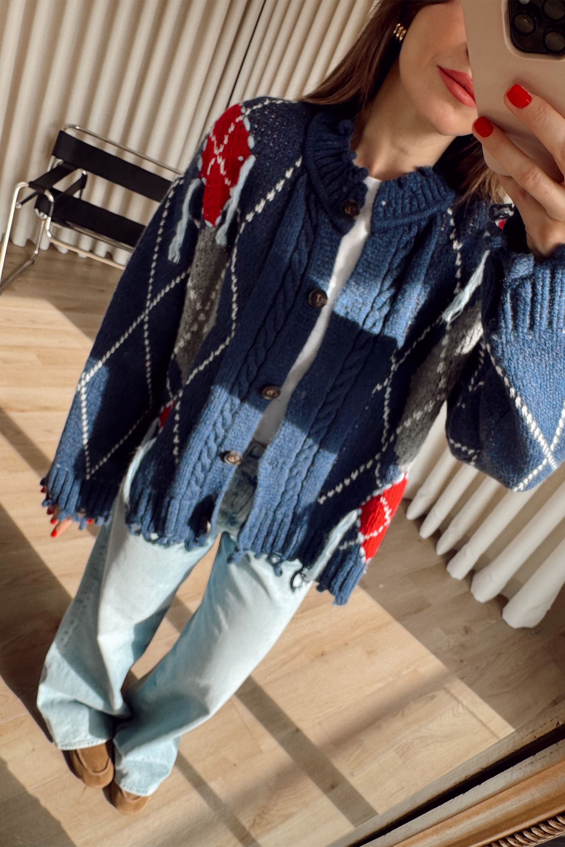 İndigo Kırmızı Saçaklı Hırka