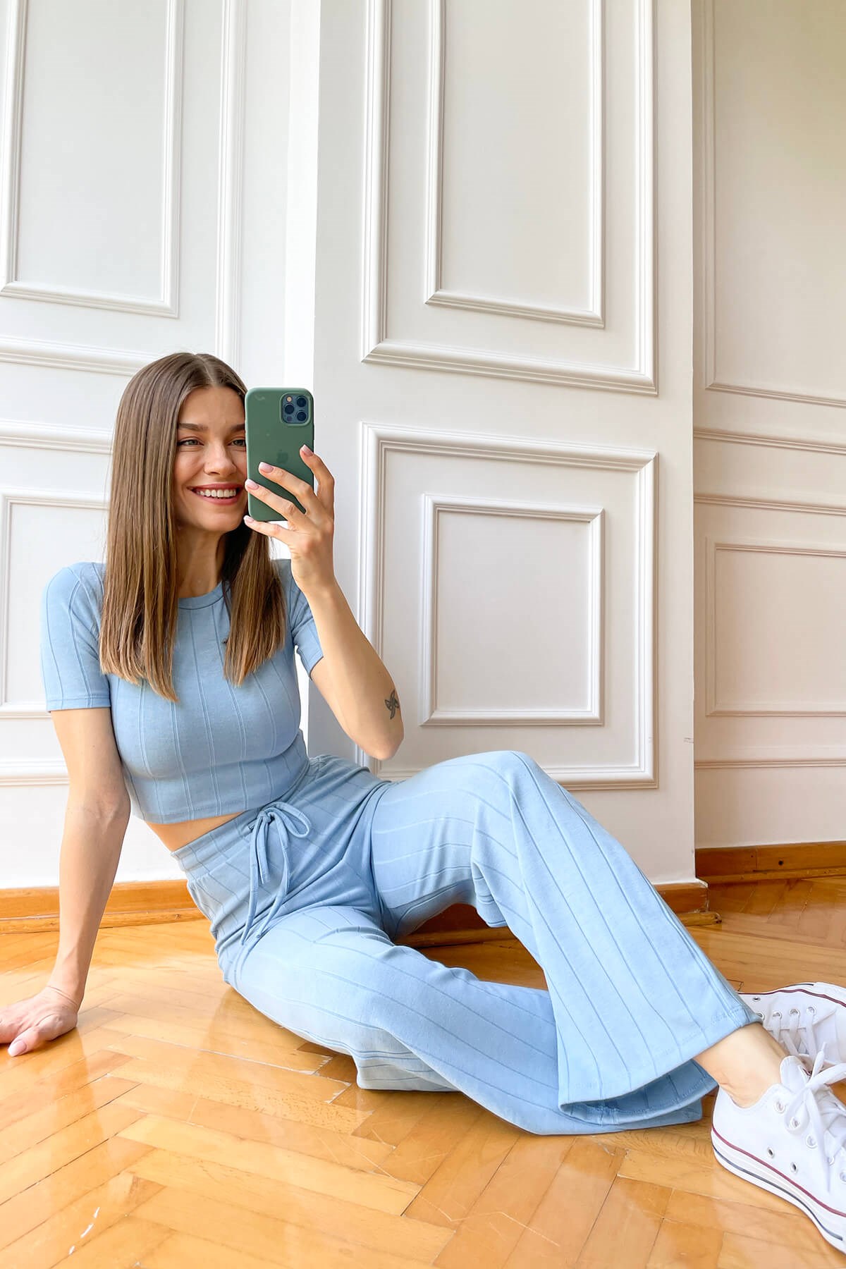 İndigo Örme Doku Crop Pantolon Takım