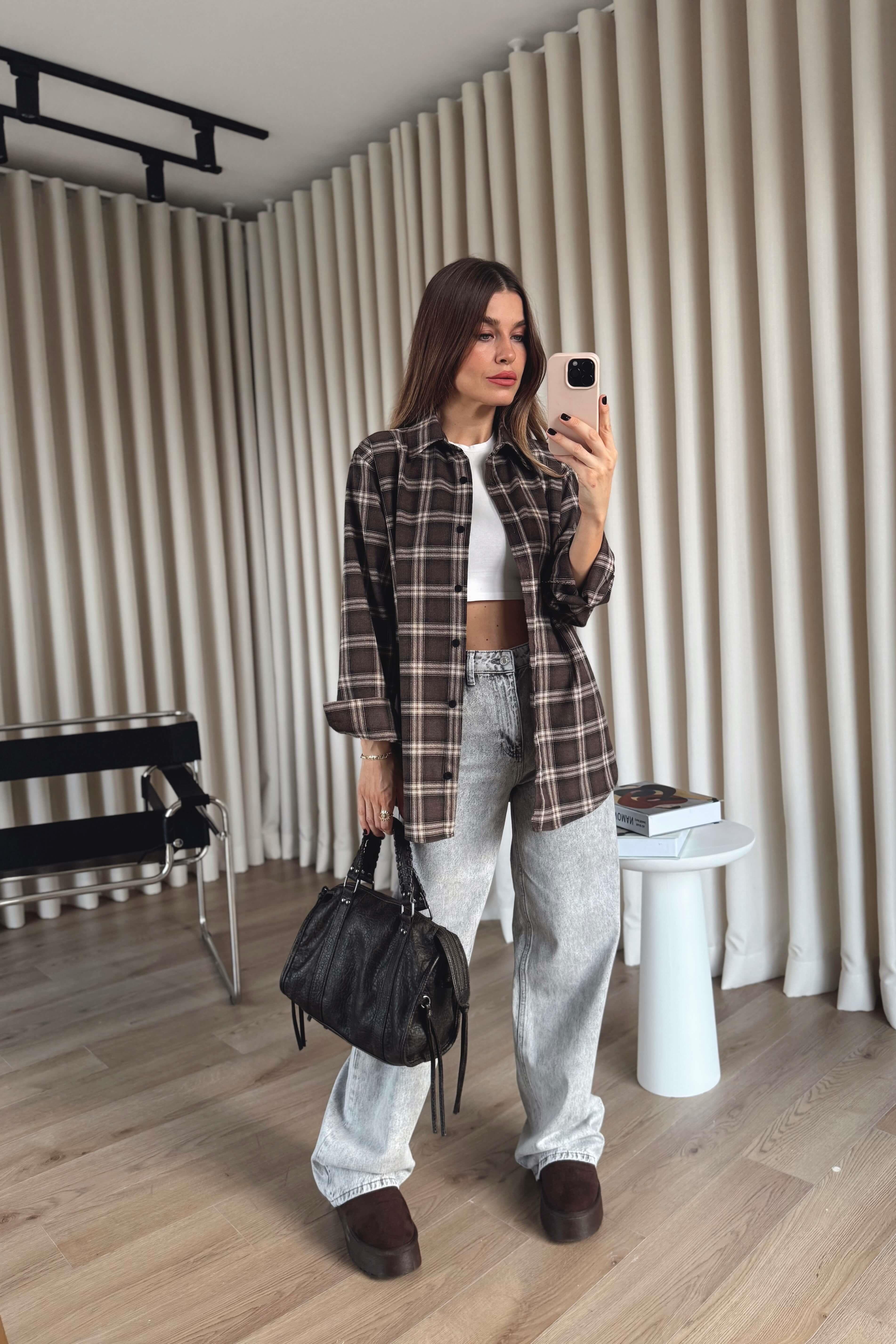 Kahve Bej Ekoseli Oversize Gömlek
