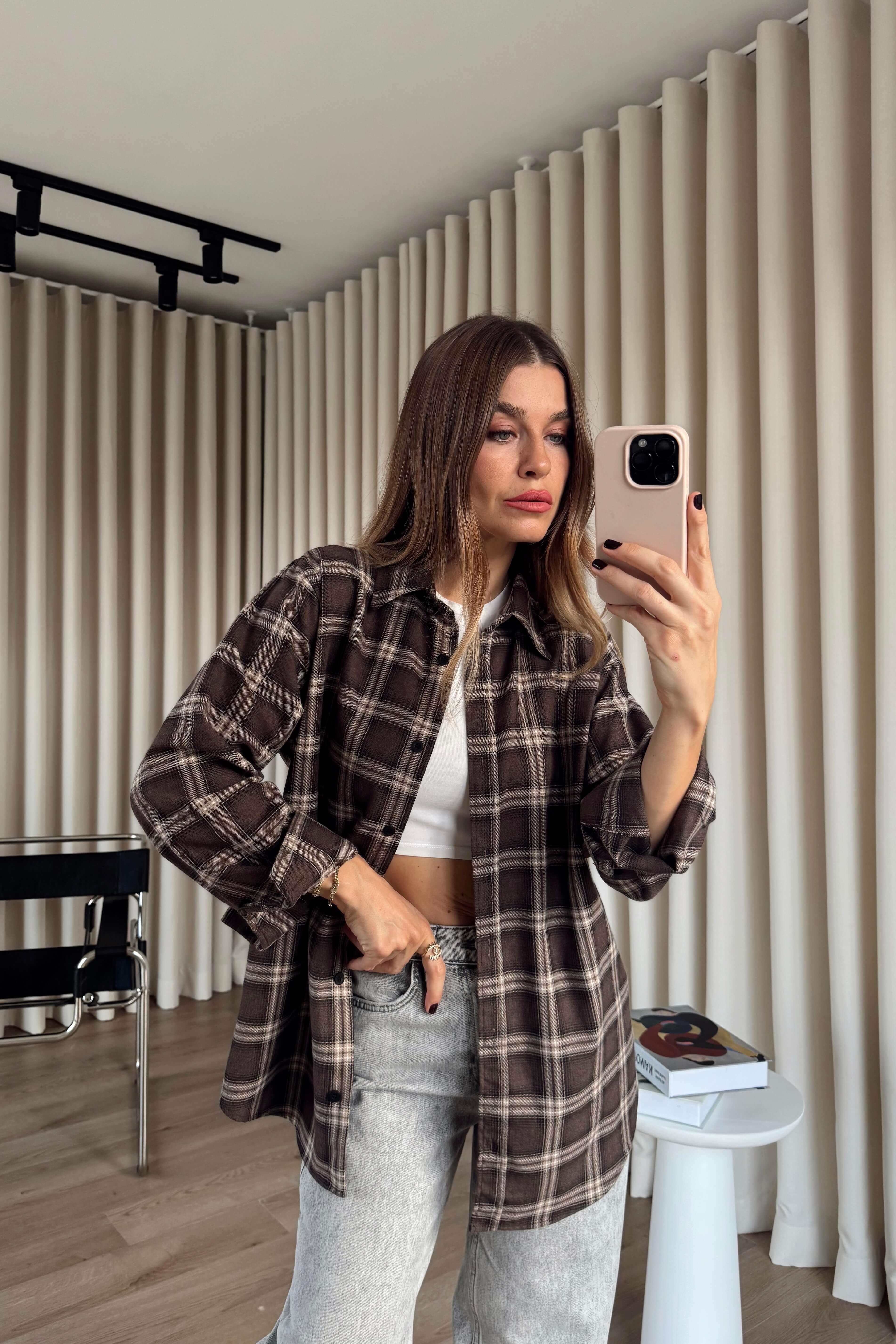 Kahve Bej Ekoseli Oversize Gömlek