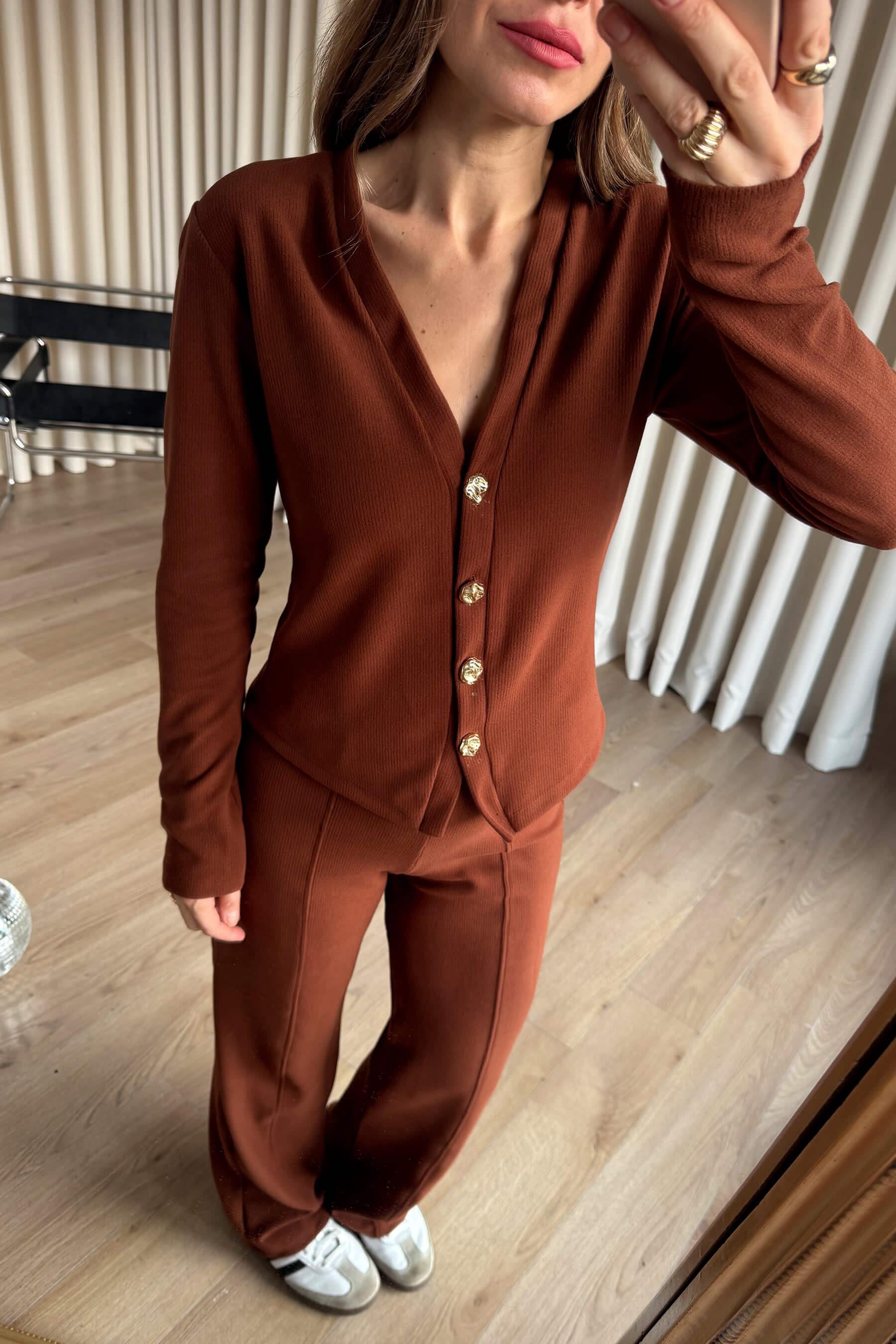 Kahve Gold Düğmeli Bluz Pantolon Soft Touch Takım