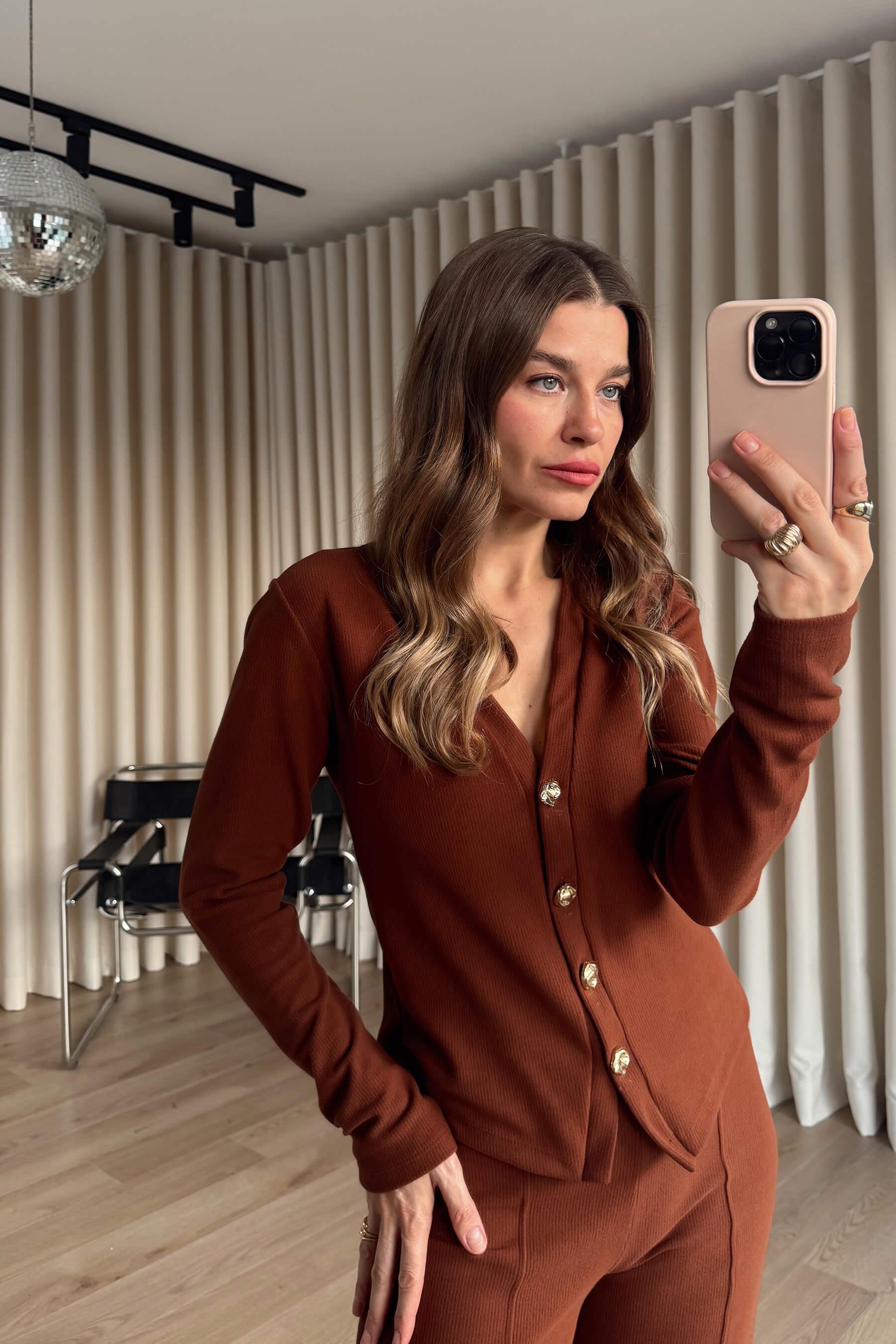 Kahve Gold Düğmeli Bluz Pantolon Soft Touch Takım