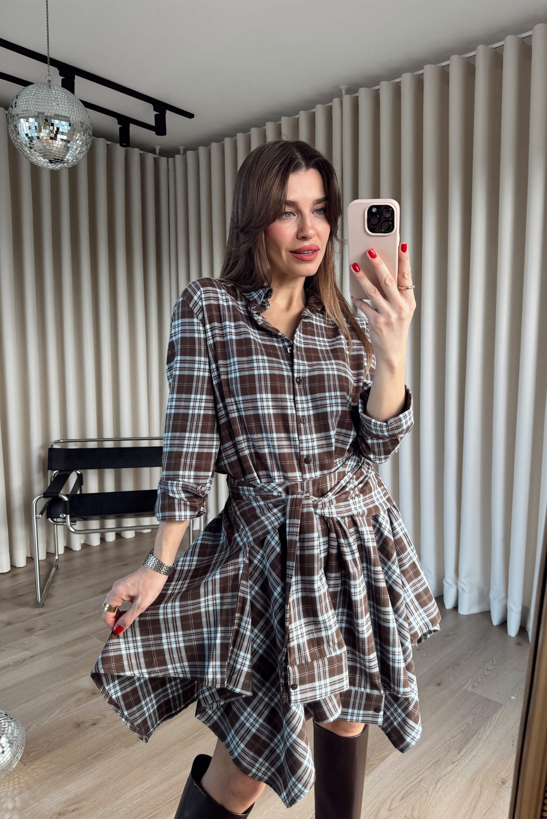 Kahve Mavi Ekoseli Önü Düğmeli Etek Gömlek Takım