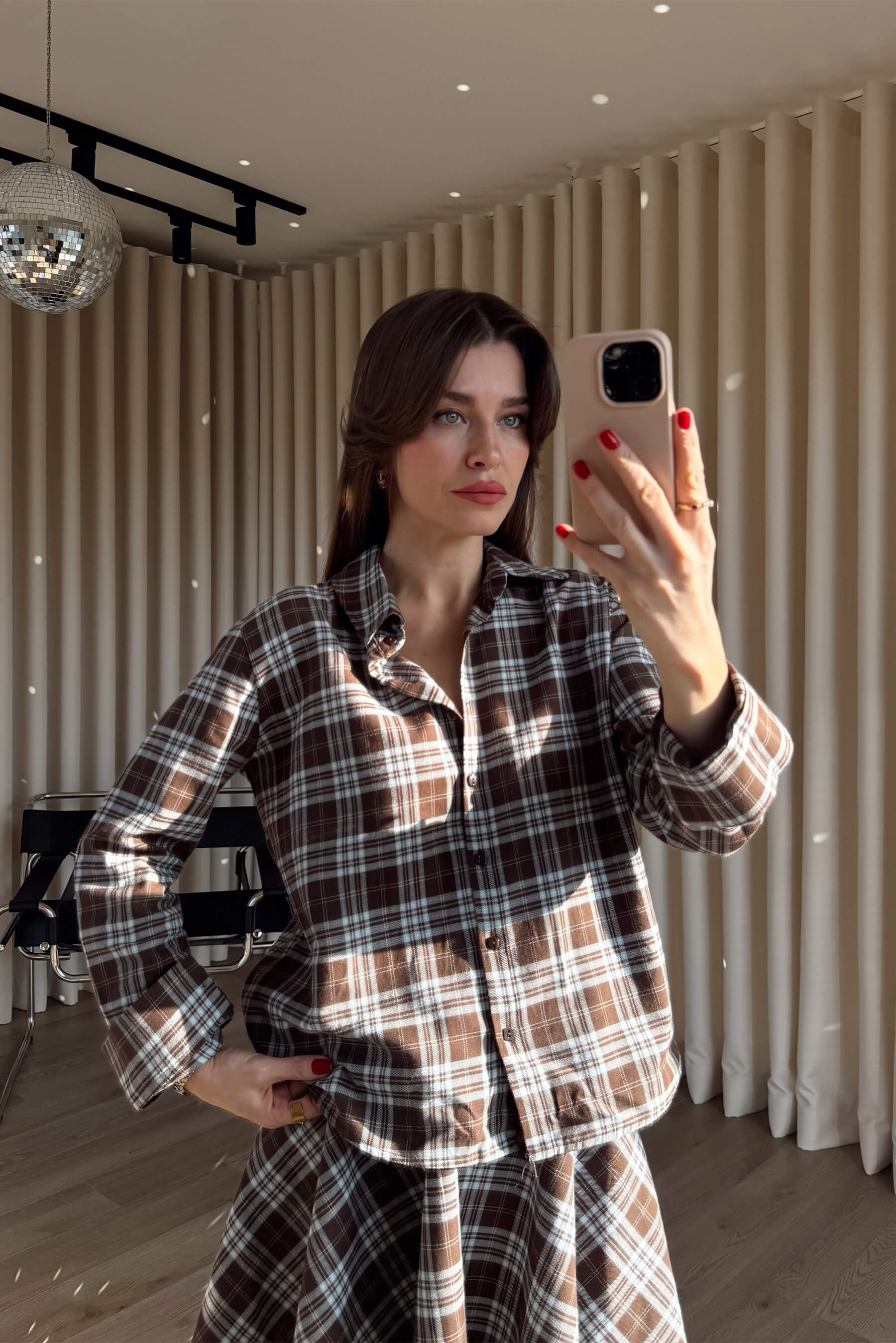 Kahve Mavi Ekoseli Önü Düğmeli Etek Gömlek Takım