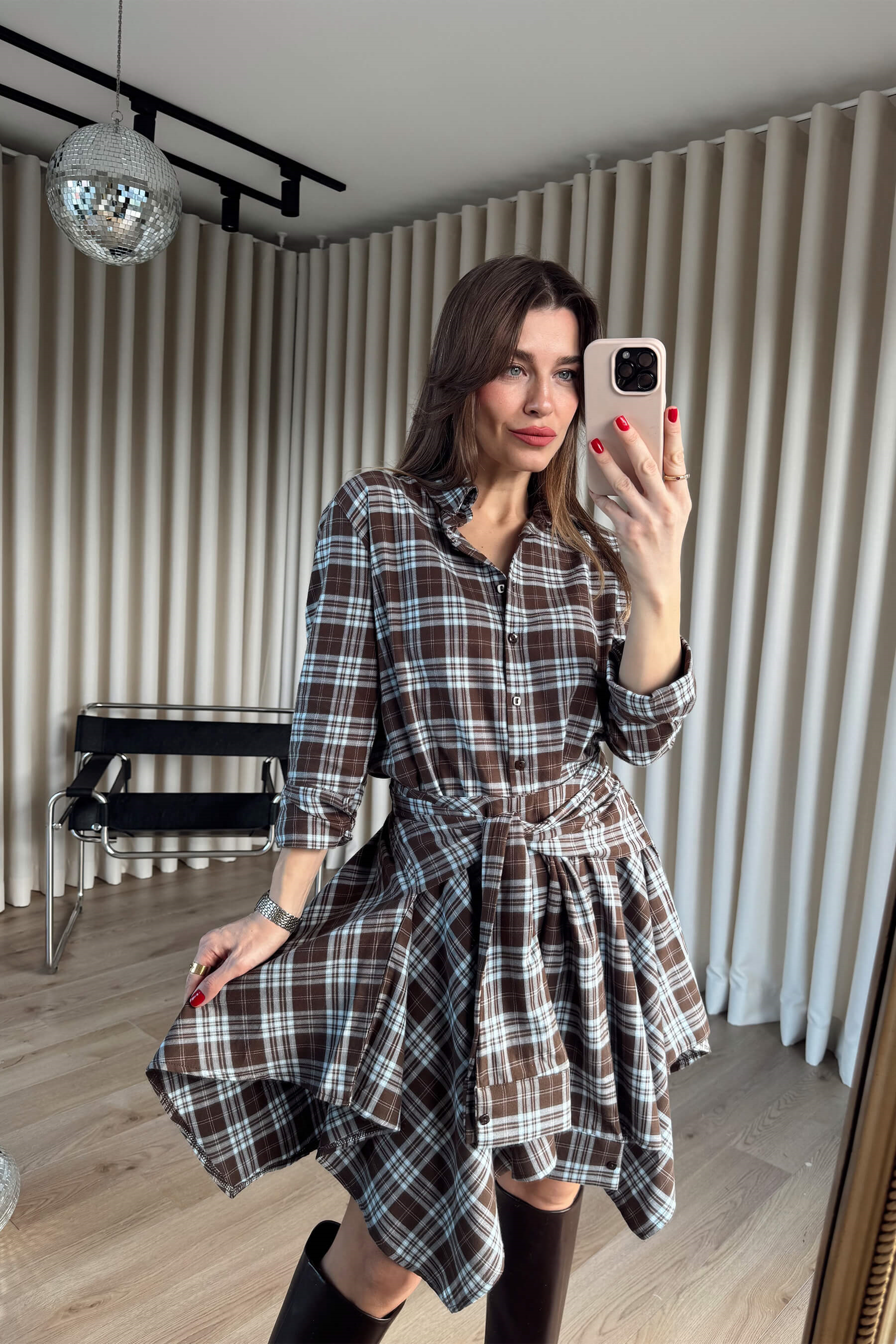 Kahve Mavi Ekoseli Önü Düğmeli Etek Gömlek Takım