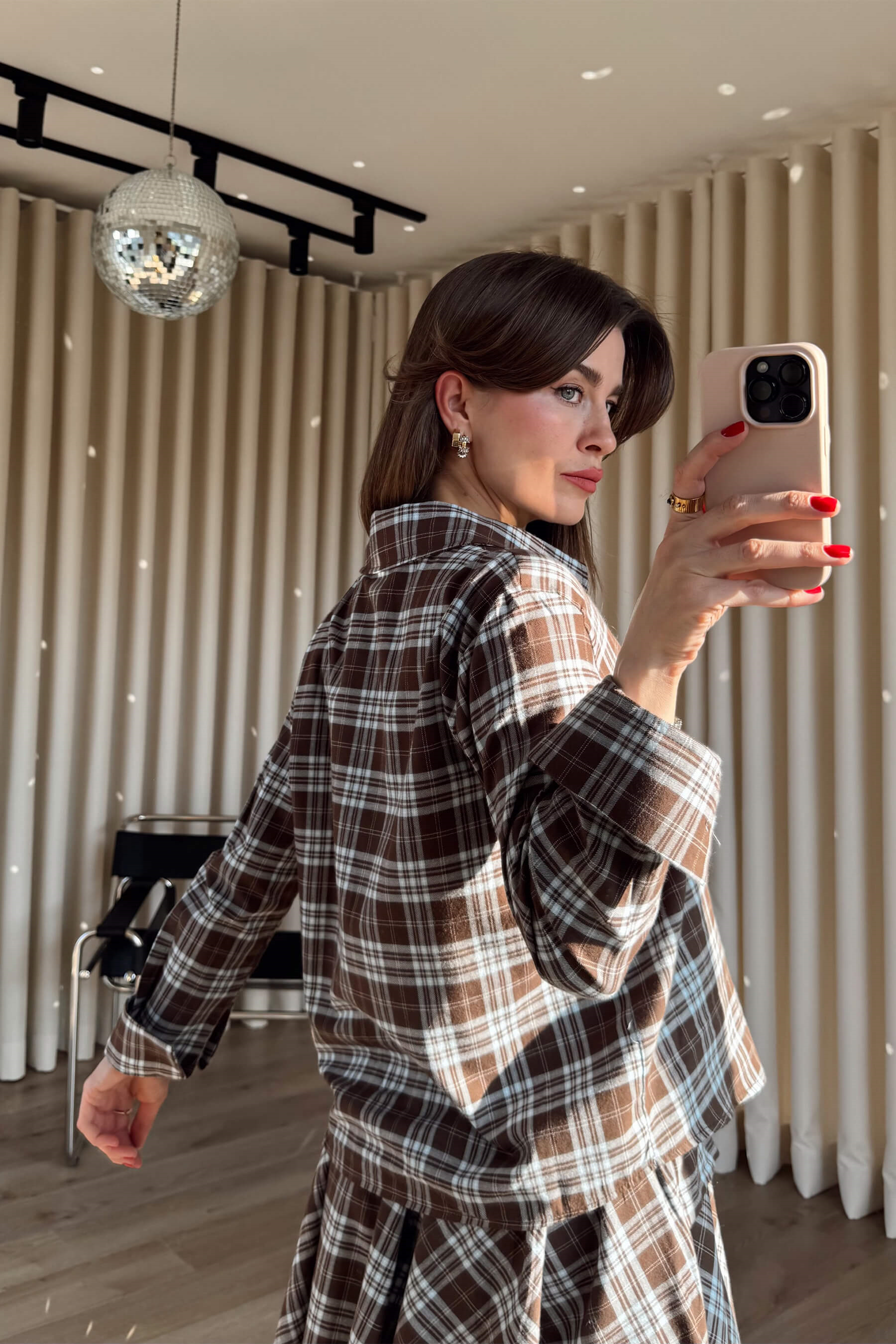 Kahve Mavi Ekoseli Önü Düğmeli Etek Gömlek Takım