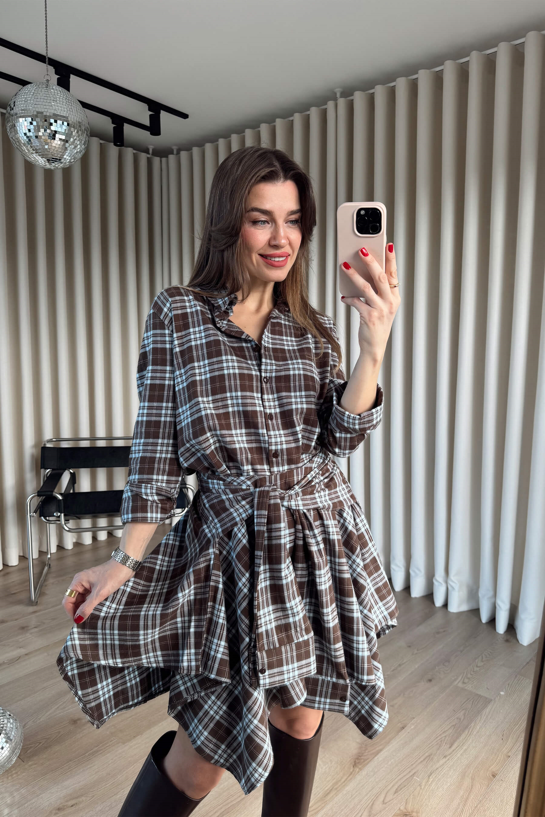 Kahve Mavi Ekoseli Önü Düğmeli Etek Gömlek Takım