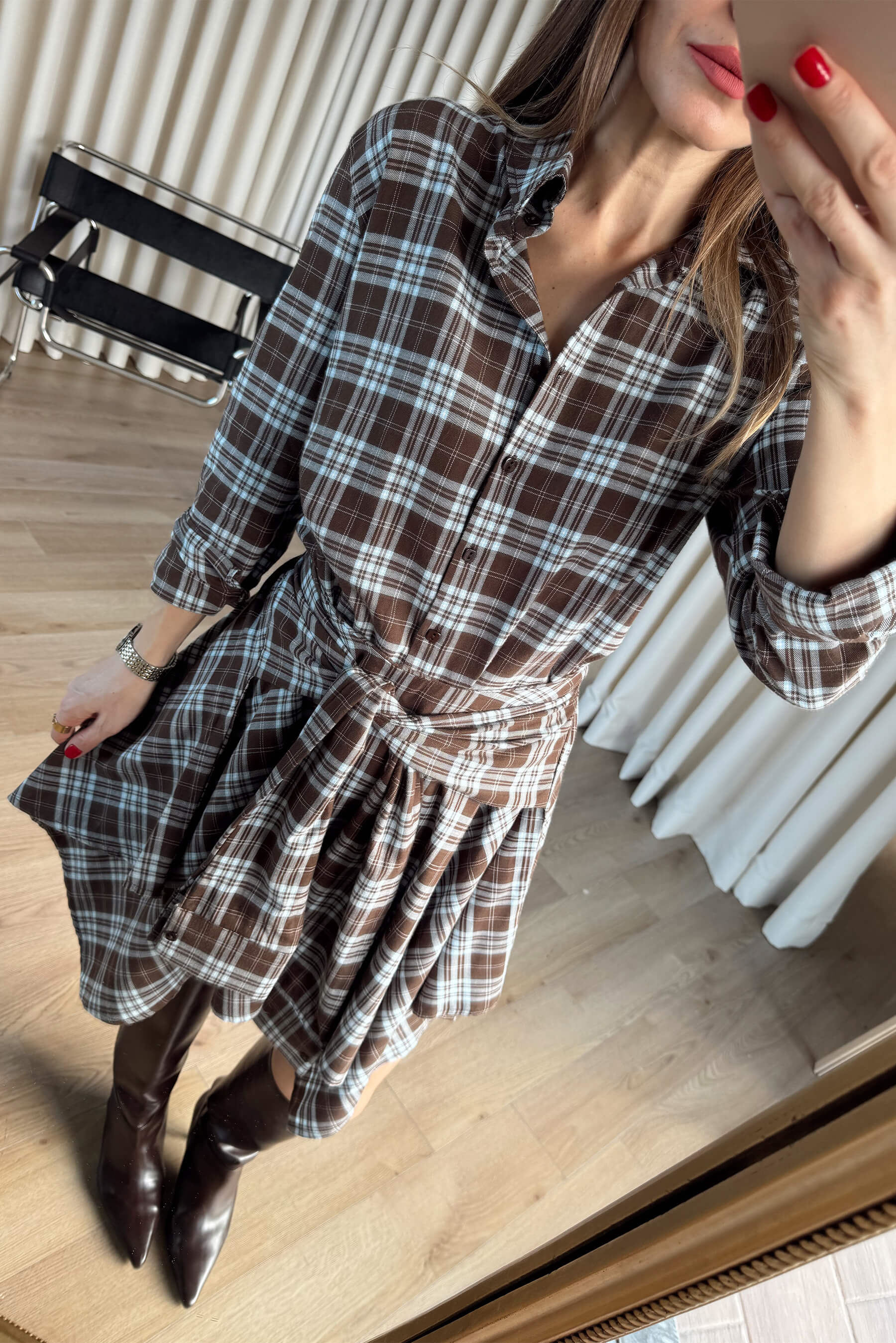 Kahve Mavi Ekoseli Önü Düğmeli Etek Gömlek Takım