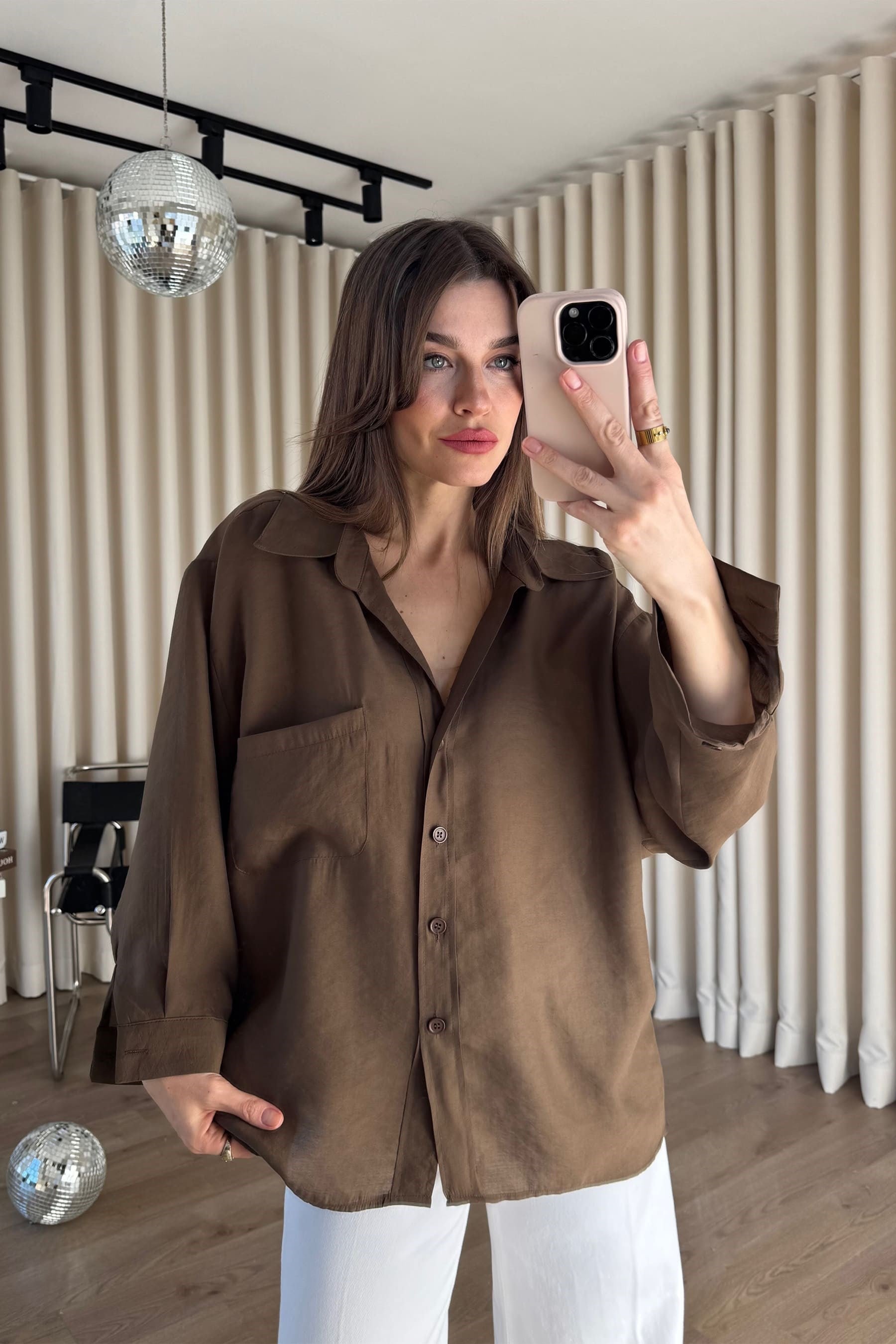 Kahve Oversize Modal Kumaş Gömlek
