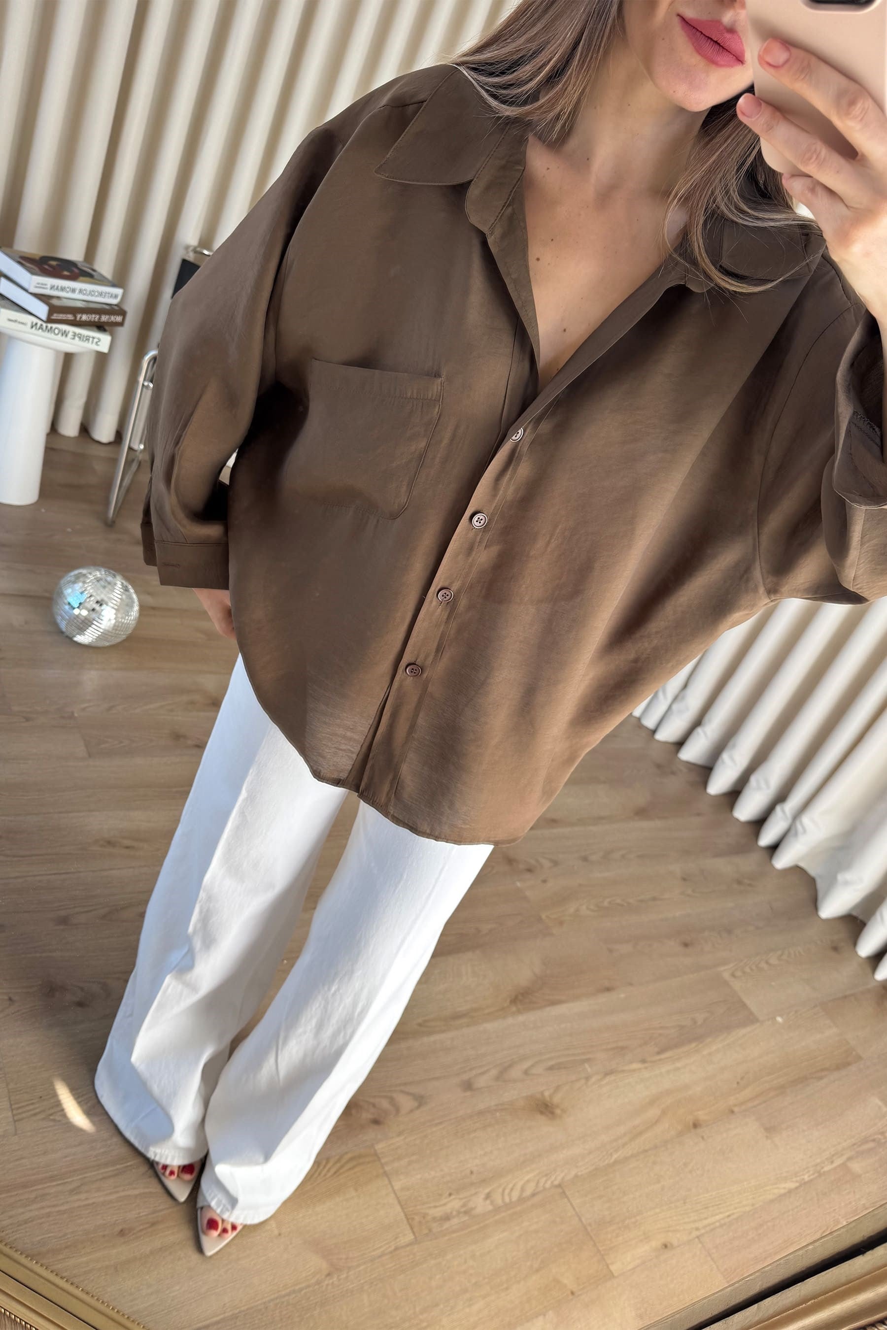 Kahve Oversize Modal Kumaş Gömlek