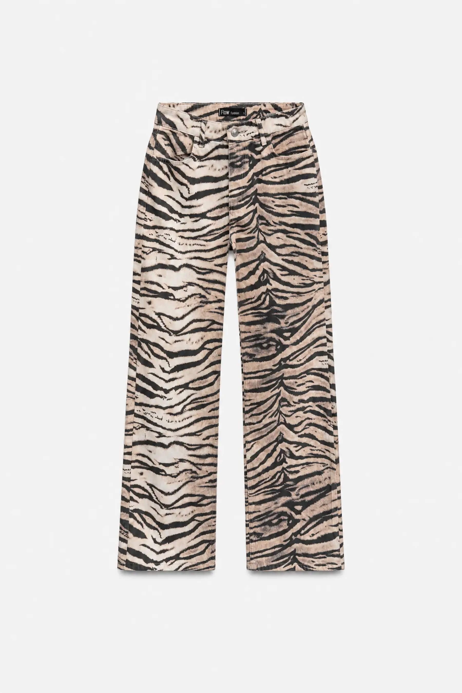 Kahve Siyah Zebra Desenli Yüksek Bel  denim Pantolon