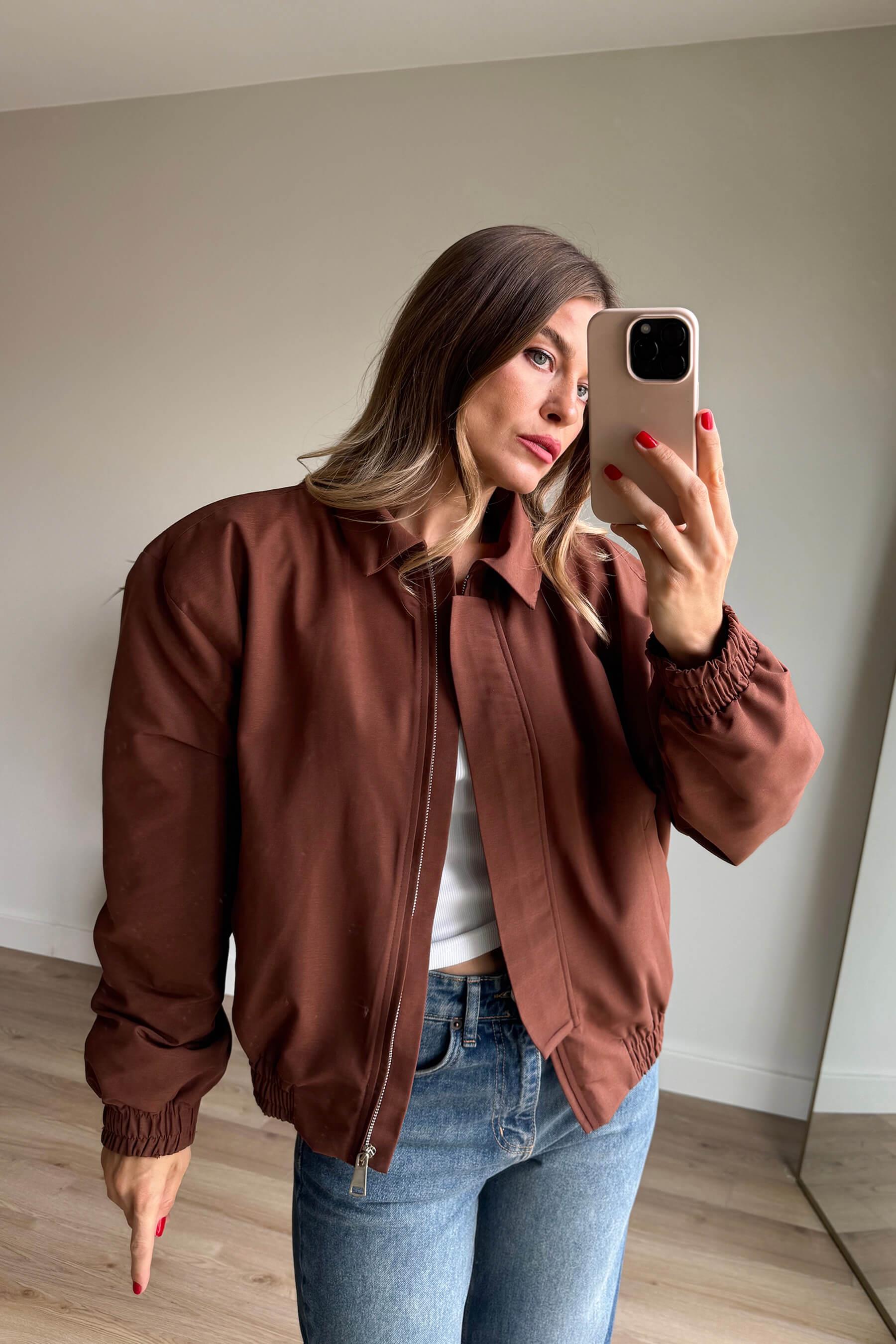 Kahverengi Beli Lastikli Fermuarlı Astarlı Su Geçirmez Bomber Ceket