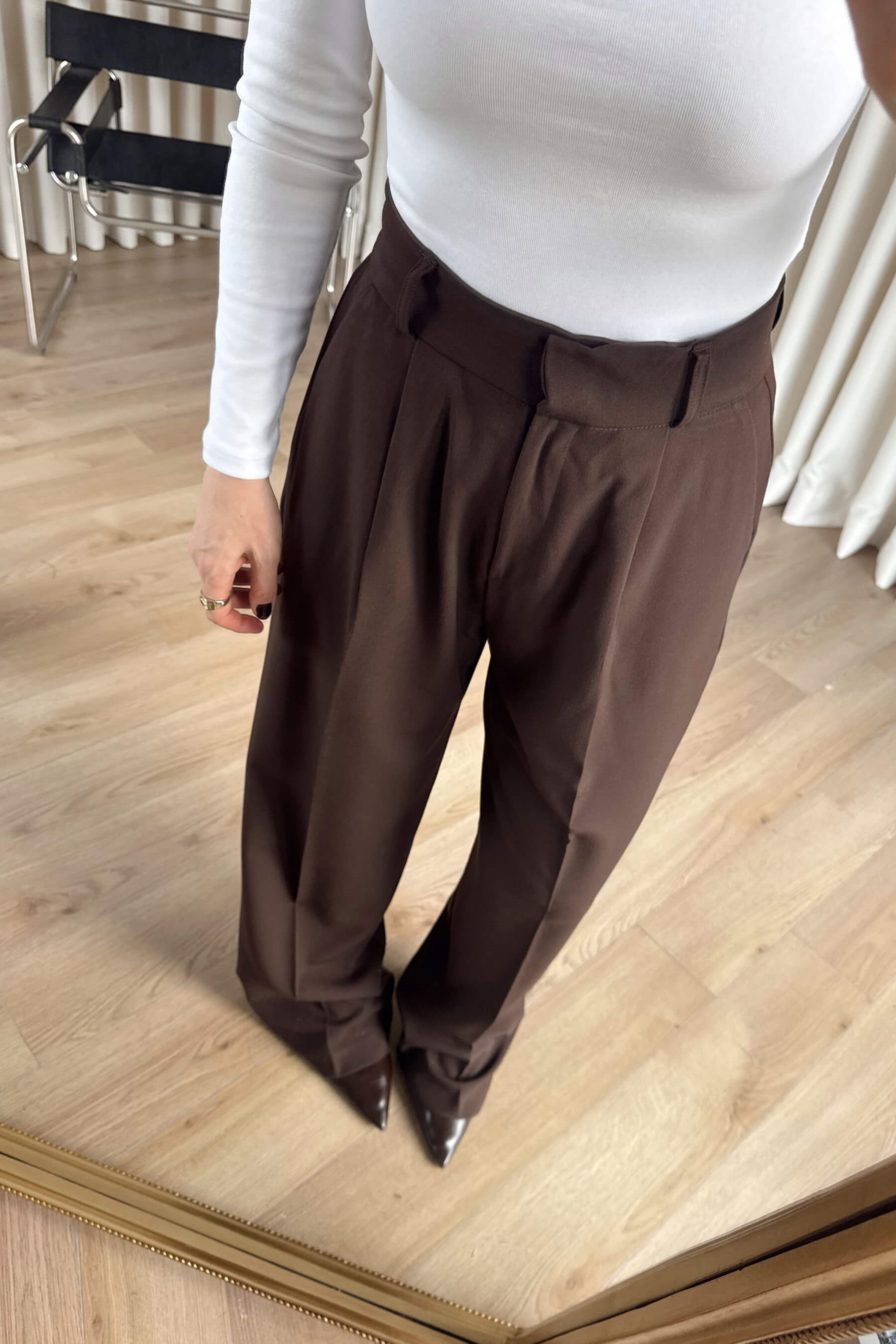 Kahverengi Beli Pileli Bol Paça Yüksek Bel Pantolon