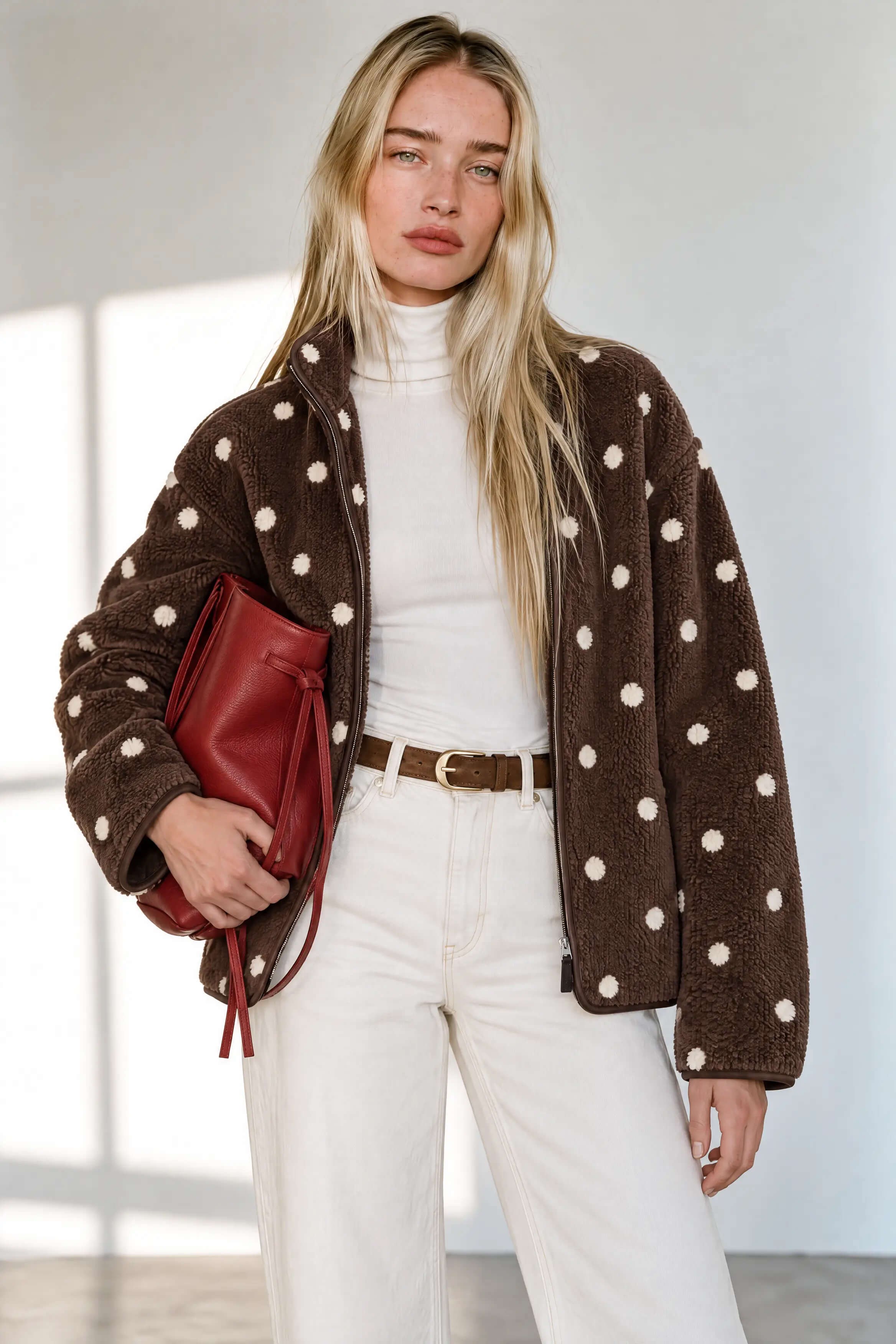 Kahverengi Beyaz Puantiyeli Fermuarlı Oversize Peluş Sweatshirt