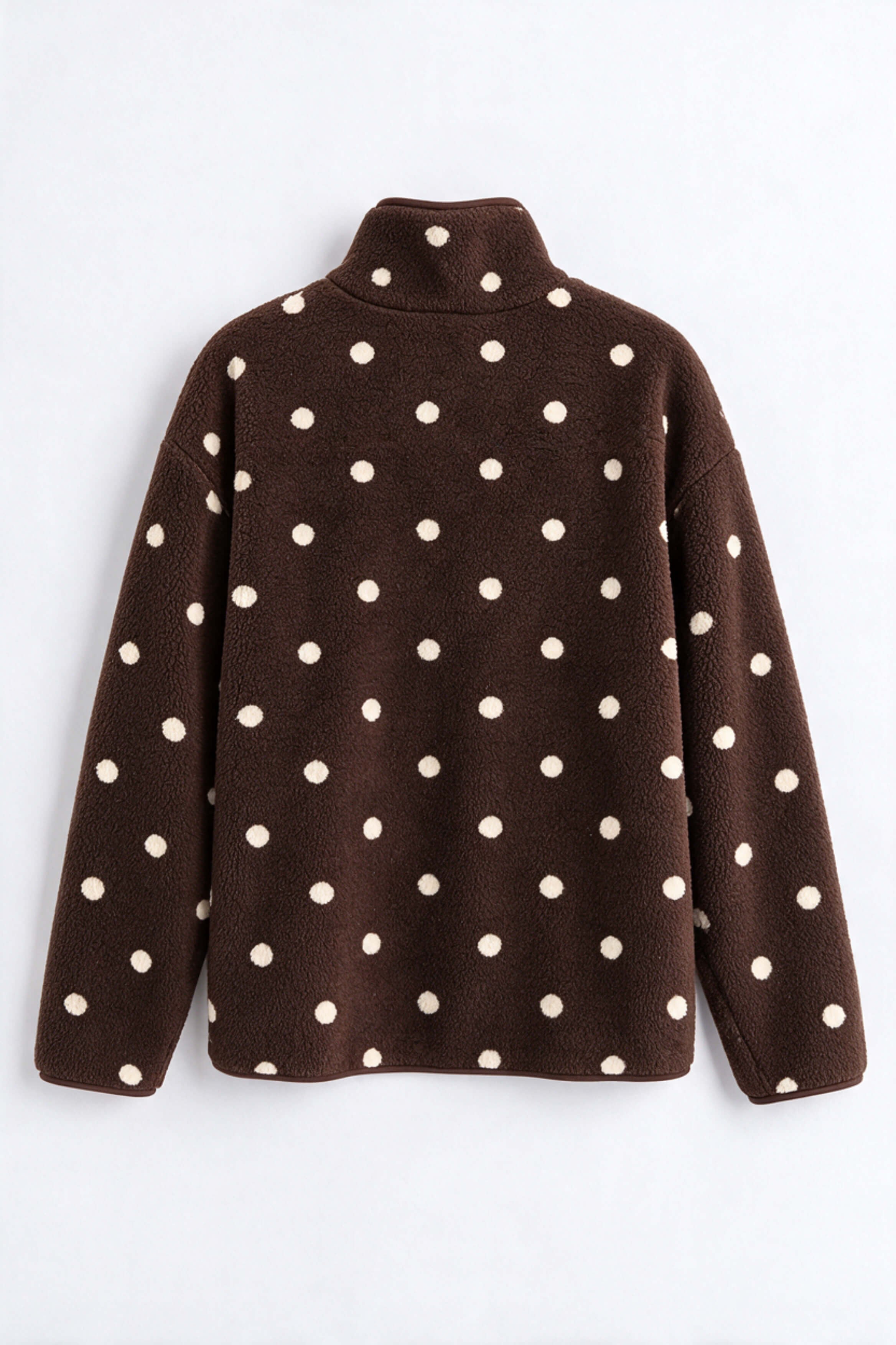 Kahverengi Beyaz Puantiyeli Fermuarlı Oversize Peluş Sweatshirt