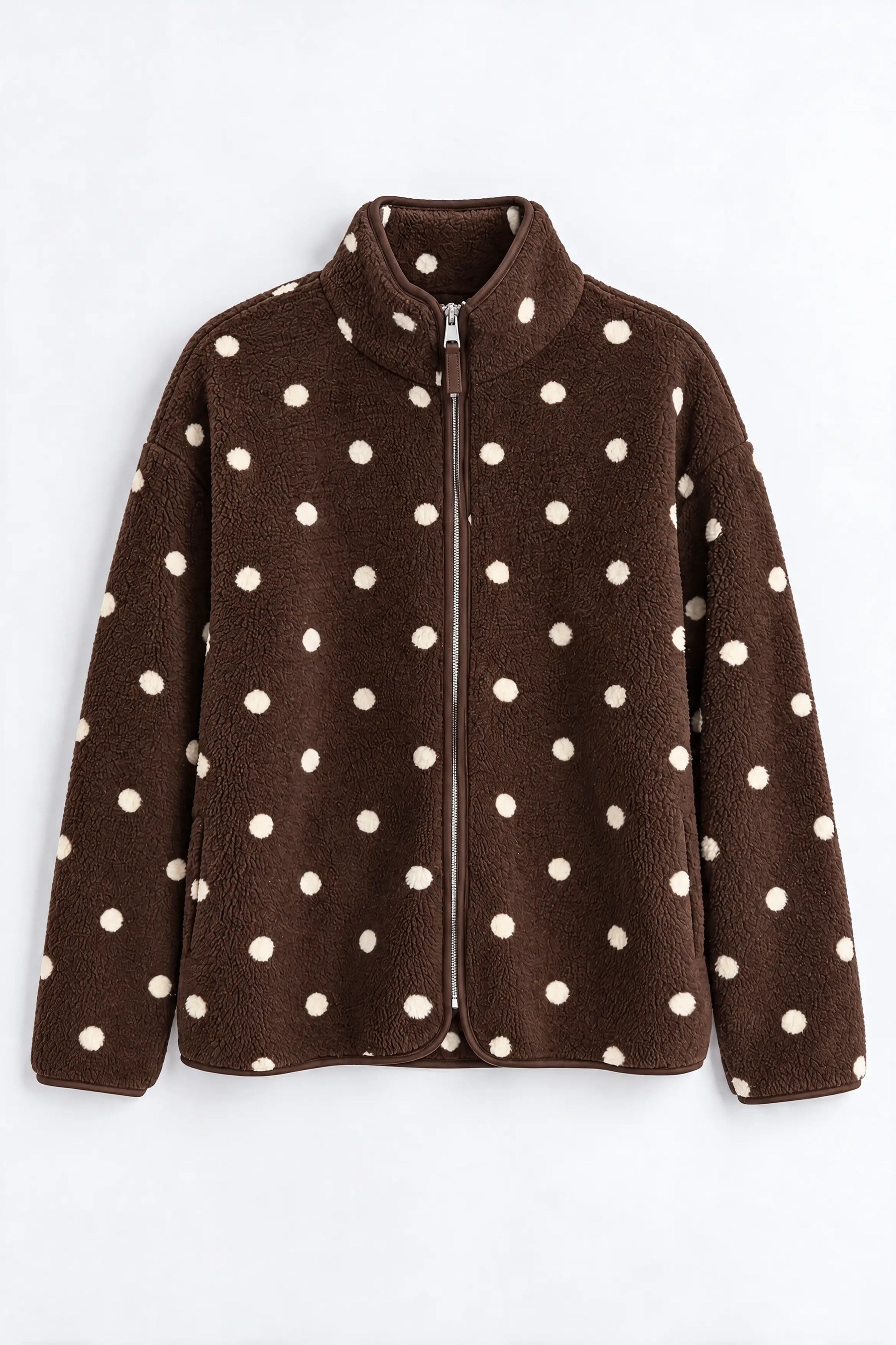 Kahverengi Beyaz Puantiyeli Fermuarlı Oversize Peluş Sweatshirt