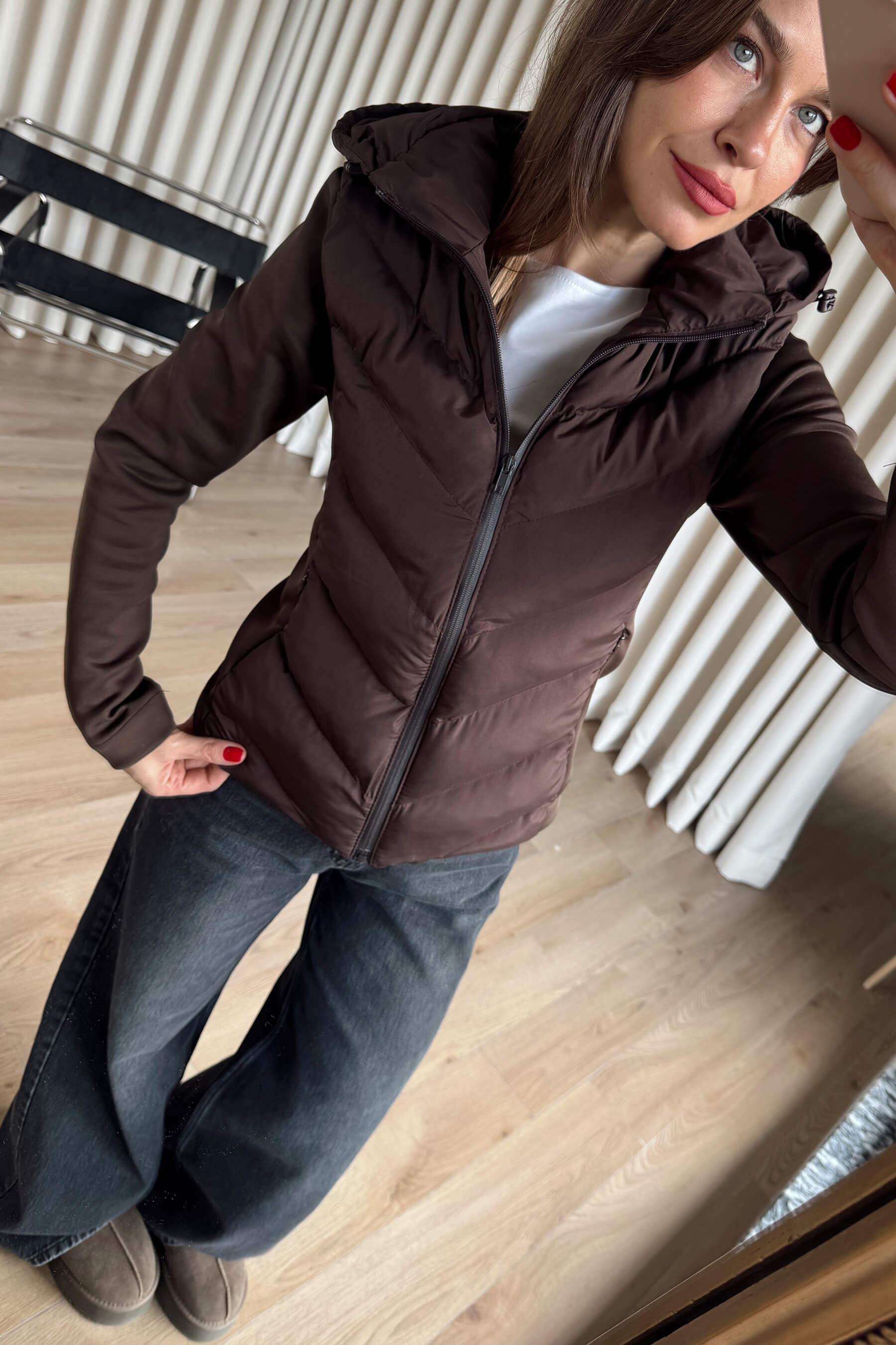 Kahverengi Dalgıç Kumaş Şişme Kapşonlu Mont