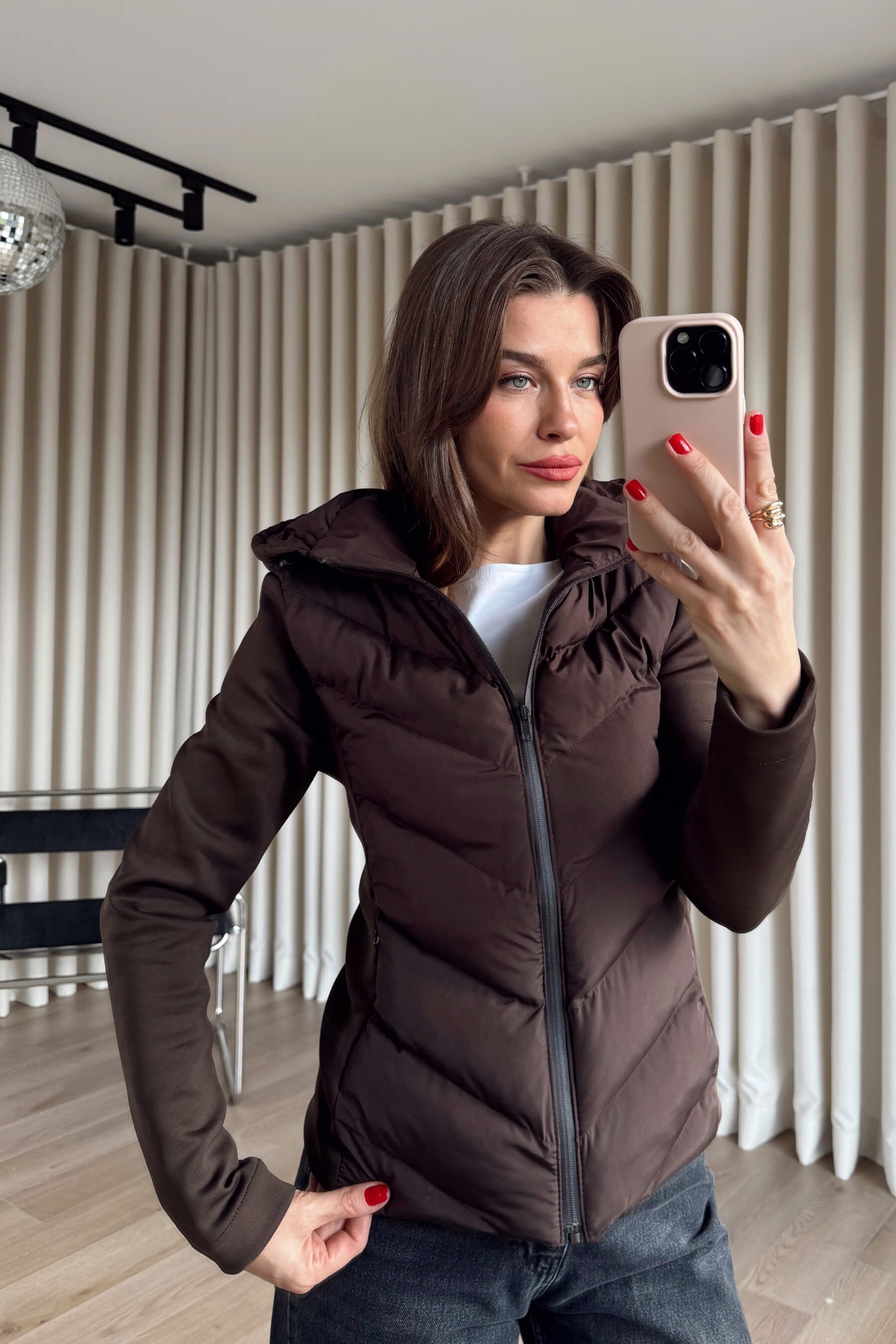 Kahverengi Dalgıç Kumaş Şişme Kapşonlu Mont