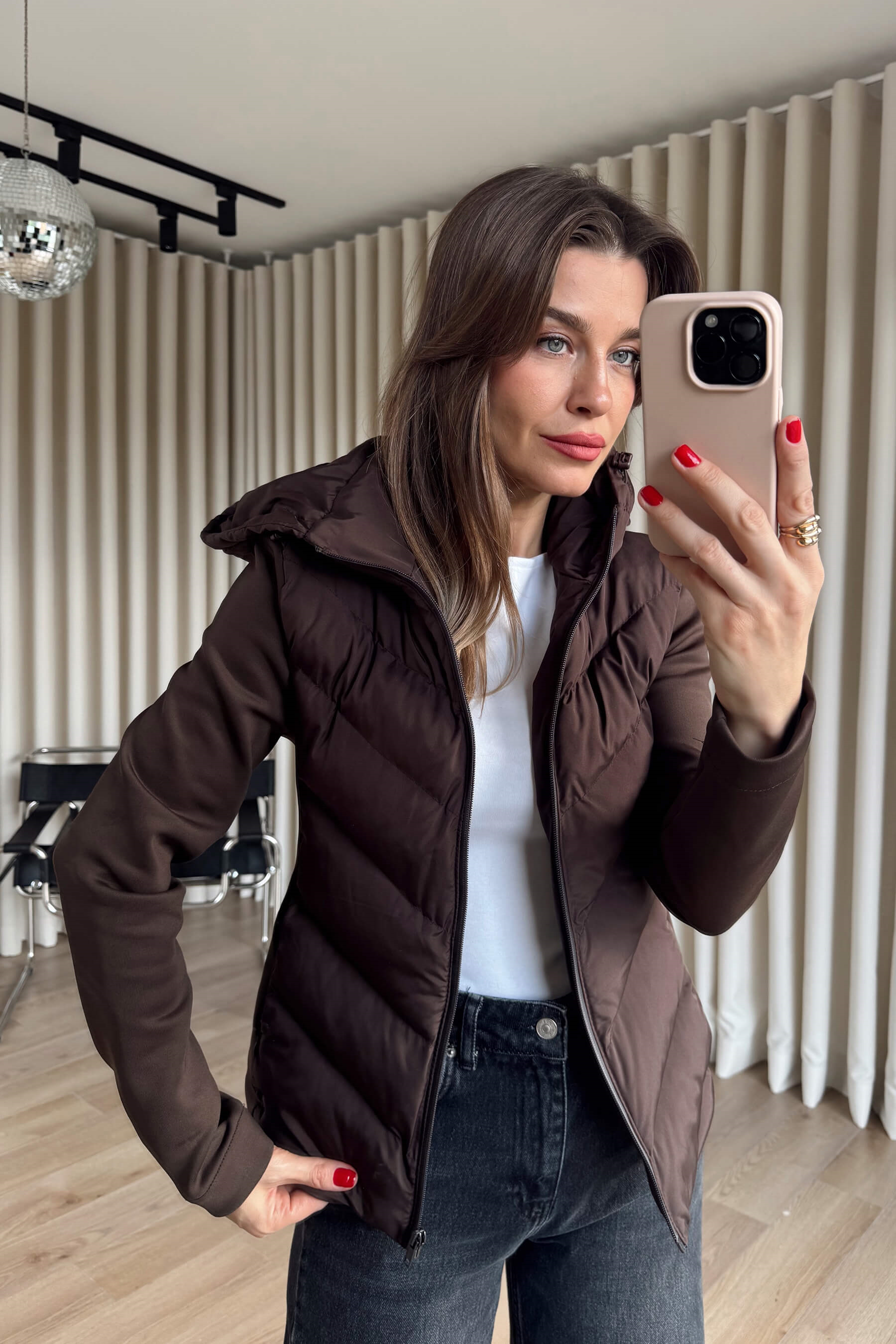 Kahverengi Dalgıç Kumaş Şişme Kapşonlu Mont